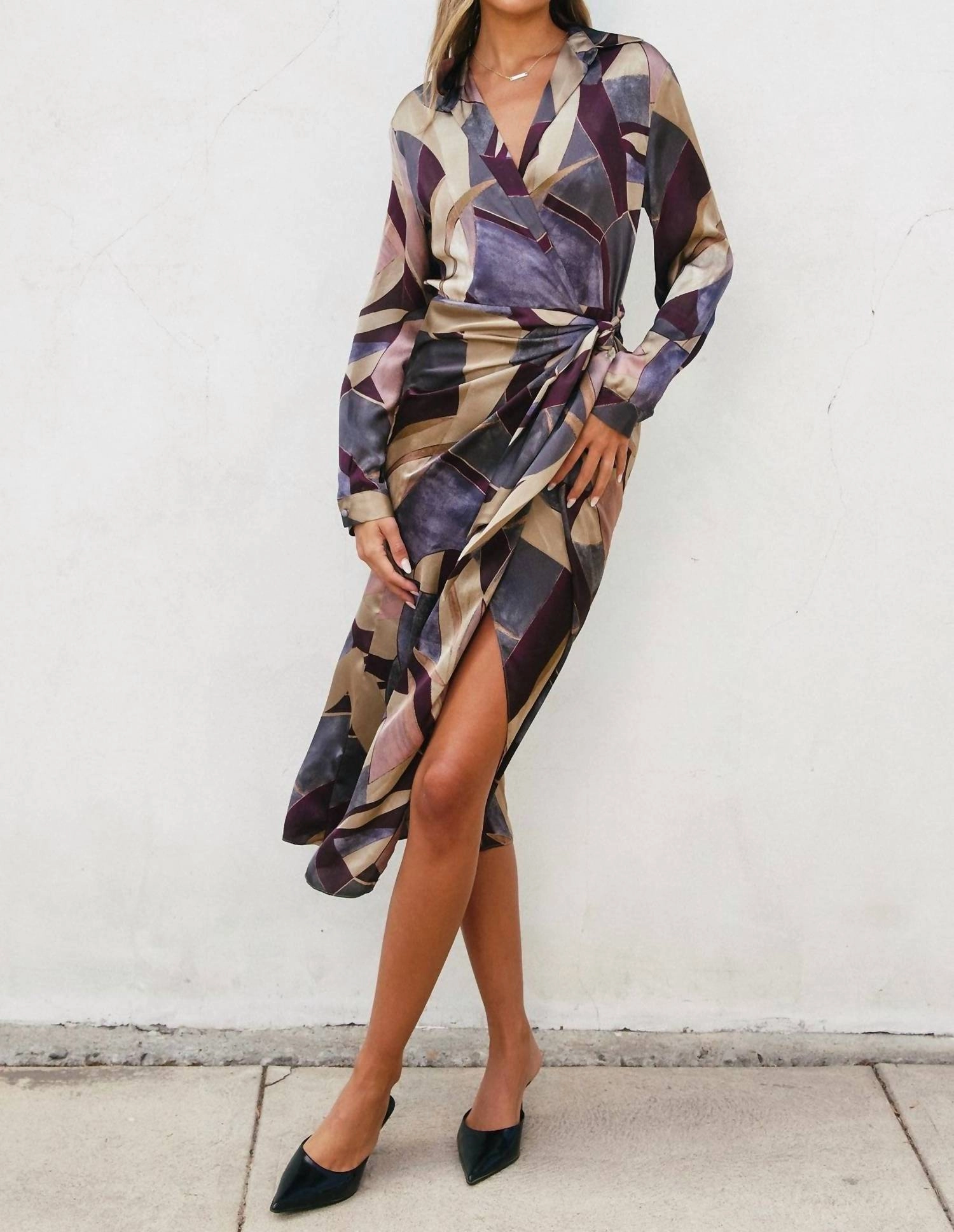 Printed Midi Wrap Dress In Umber Mosaic