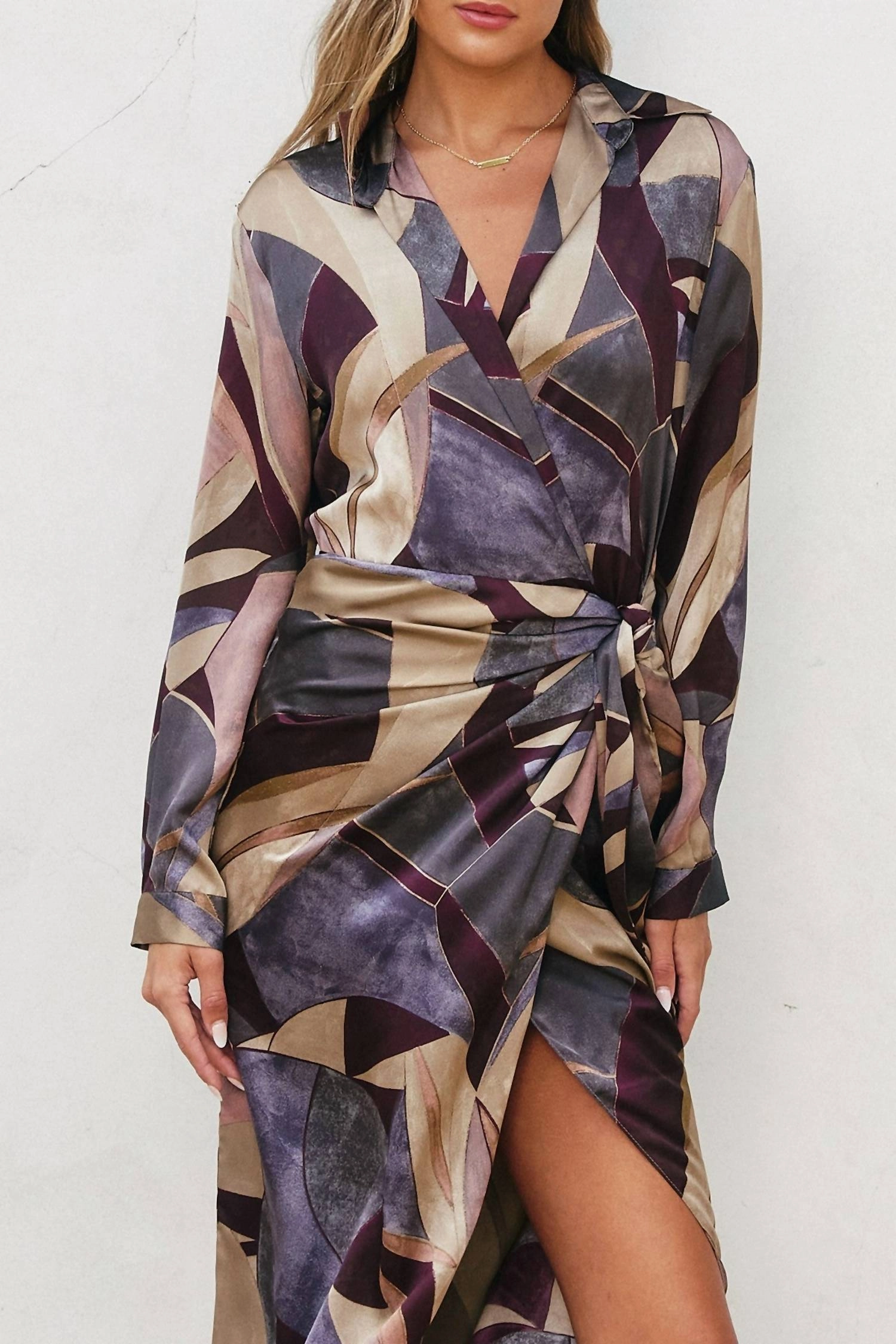 Printed Midi Wrap Dress In Umber Mosaic