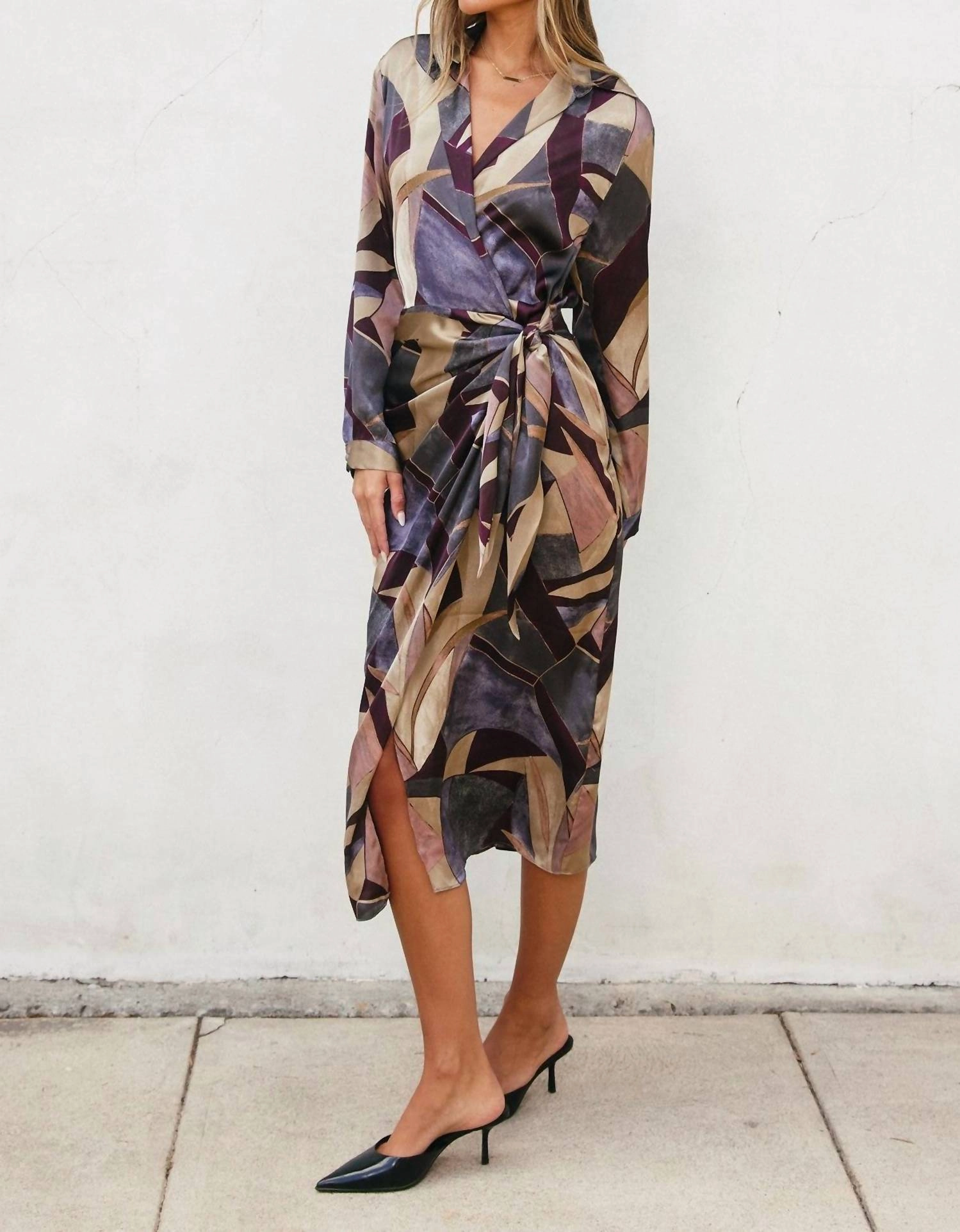 Printed Midi Wrap Dress In Umber Mosaic