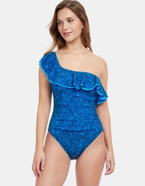 Profile Mehndi Ruffle One Shoulder Swimsuit - Blue Gottex - Gottex swimsuits discount