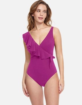 Profile Tutti Frutti Ruffle Surplice Swimsuit - Warm Violet Gottex - Gottex swimsuits discount