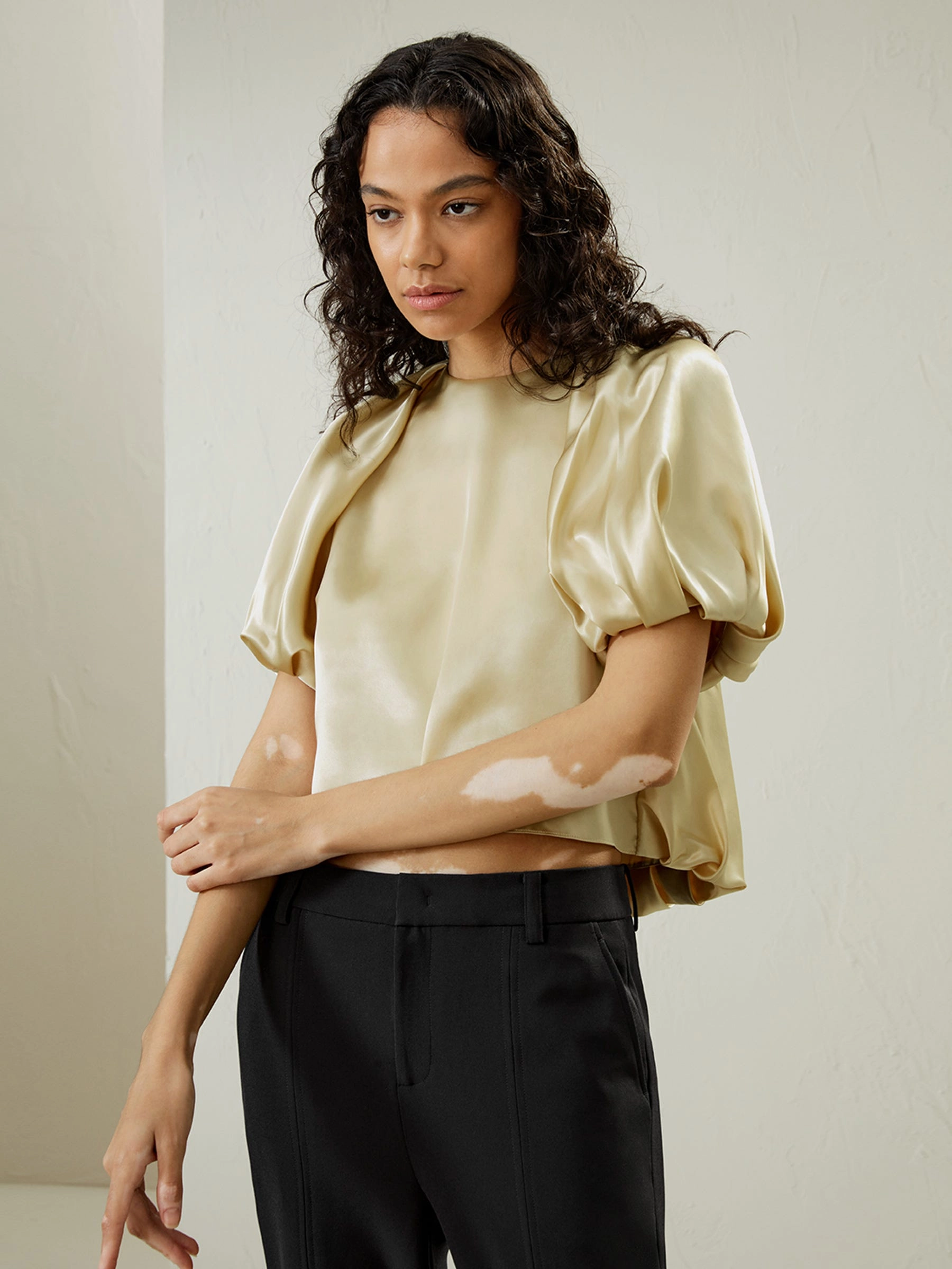 Puff Short Sleeve Watershine Silk Top for Women