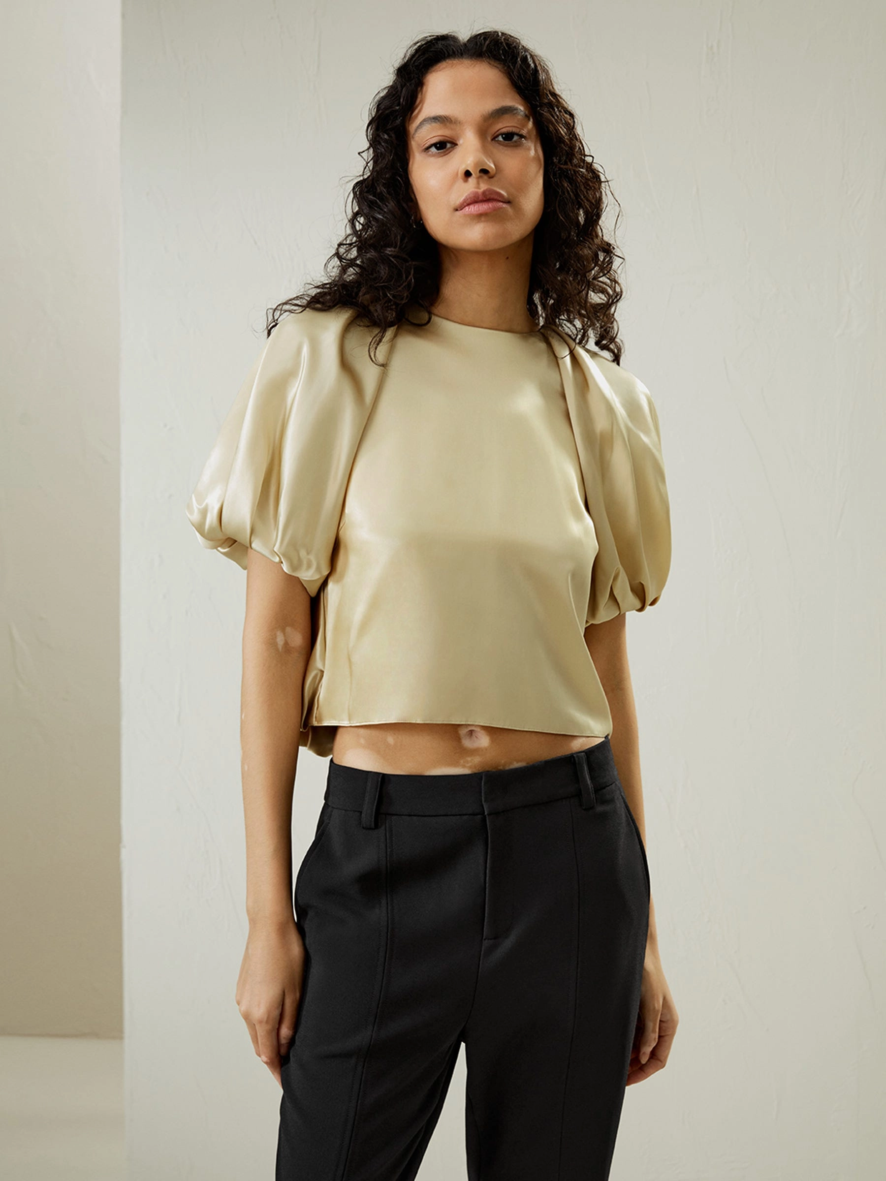 Puff Short Sleeve Watershine Silk Top for Women
