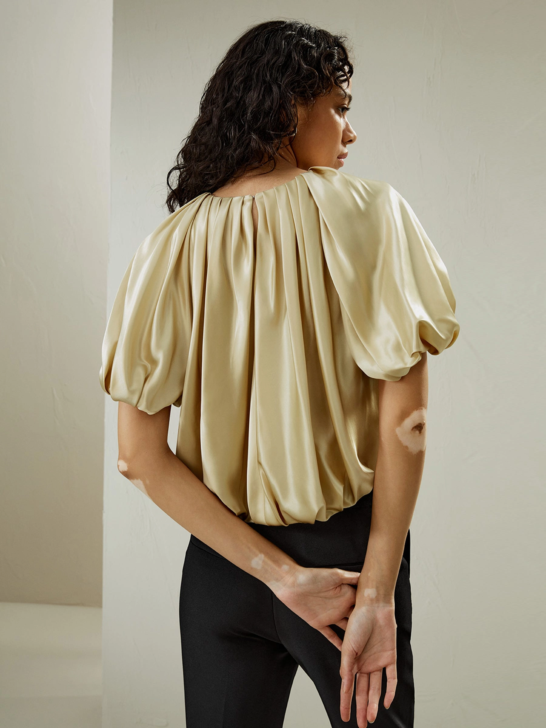 Puff Short Sleeve Watershine Silk Top for Women