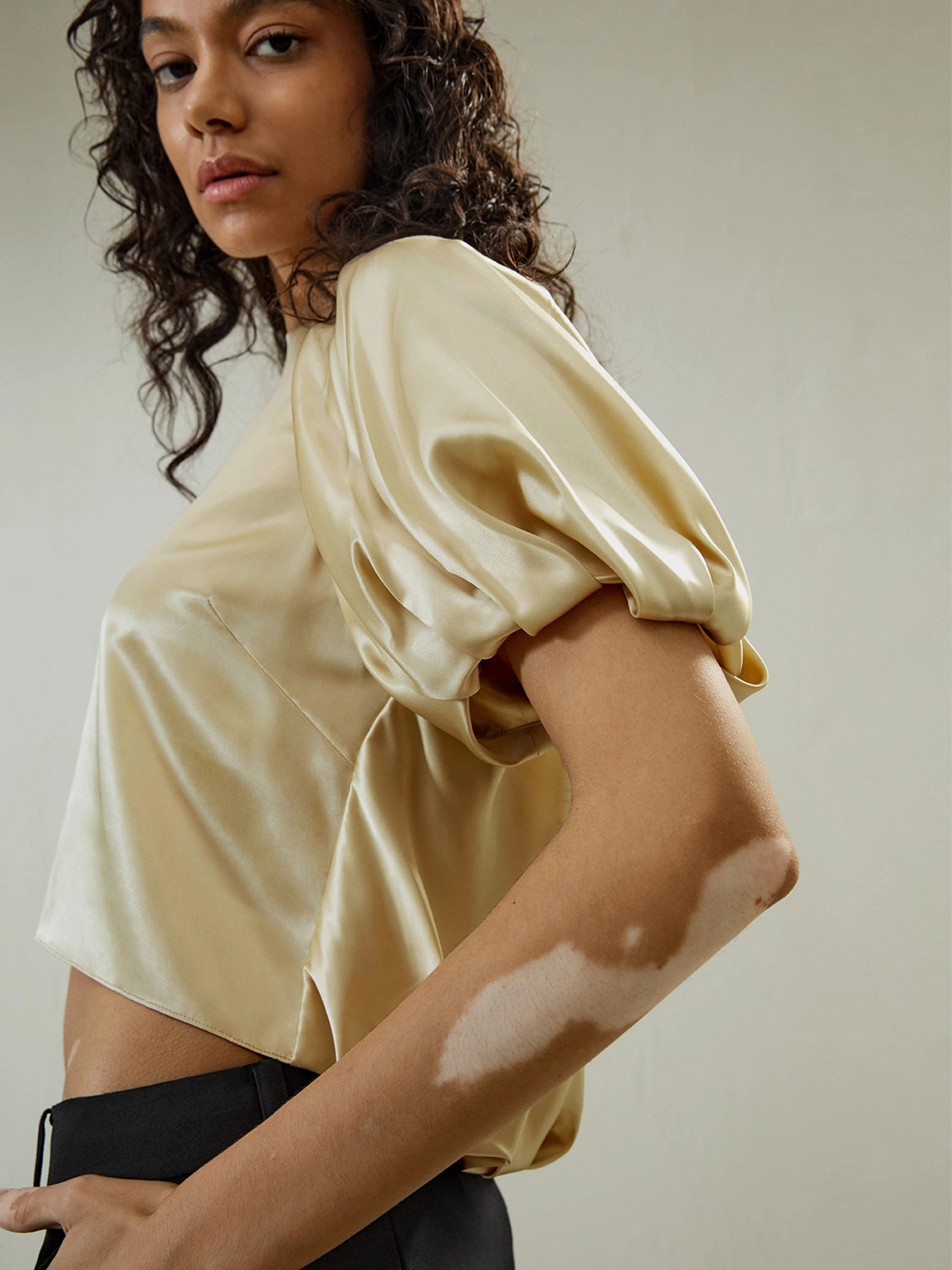 Puff Short Sleeve Watershine Silk Top for Women