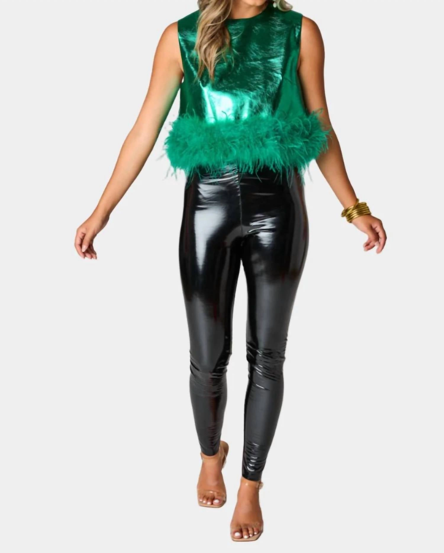 Queenie Metallic Feather Trim Top In Emerald