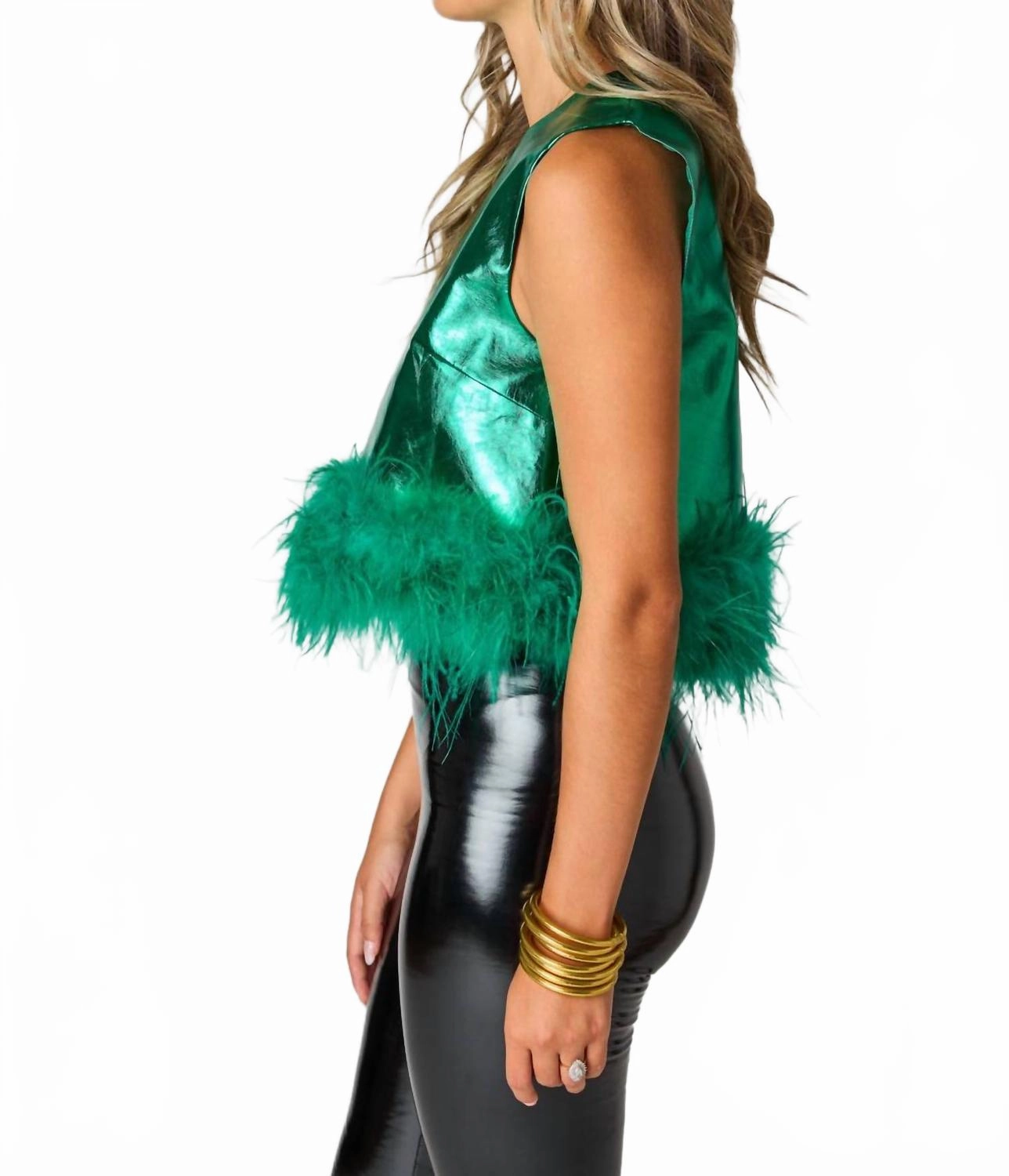 Queenie Metallic Feather Trim Top In Emerald