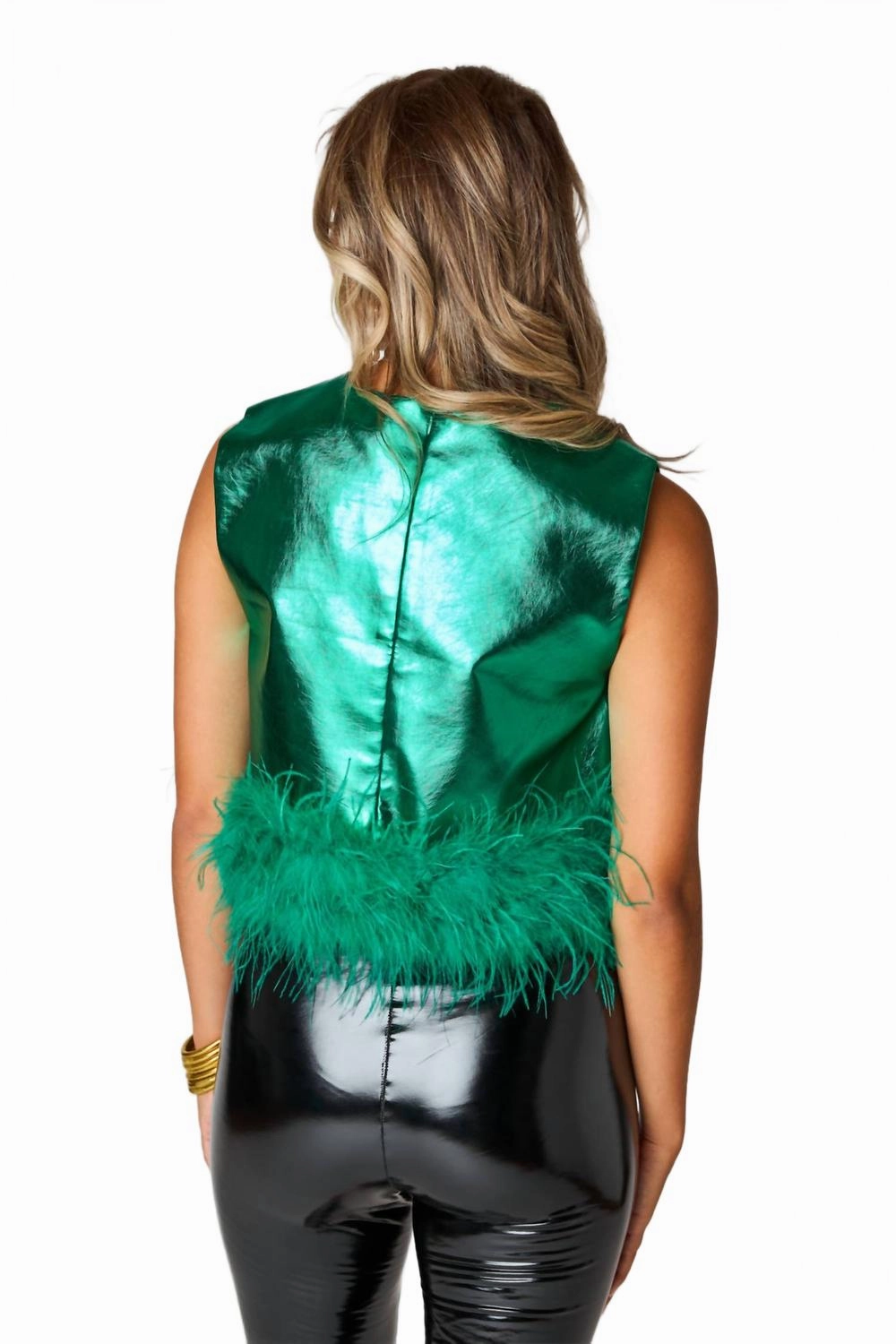 Queenie Metallic Feather Trim Top In Emerald