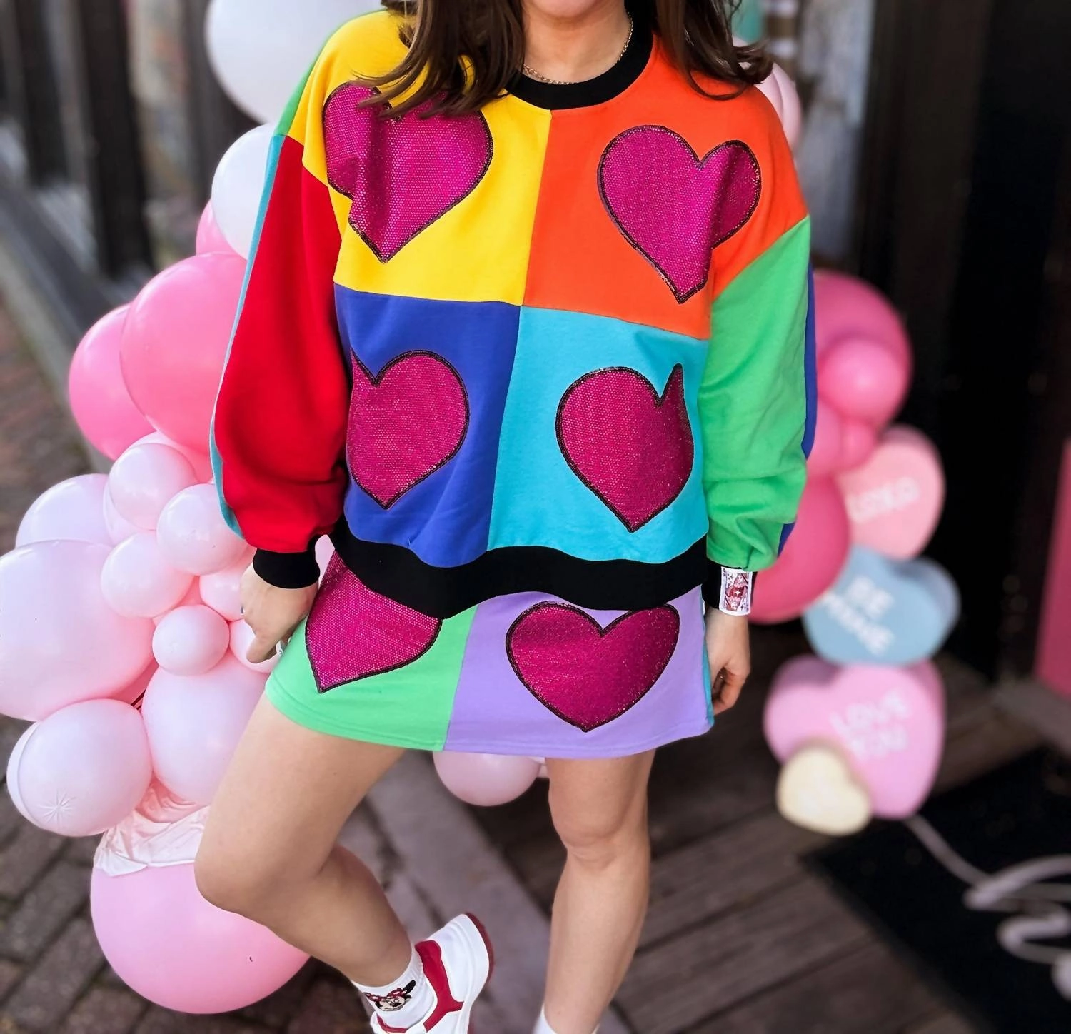 Rainbow Colorblock Rhinestone Heart Sweatshirt In Multi