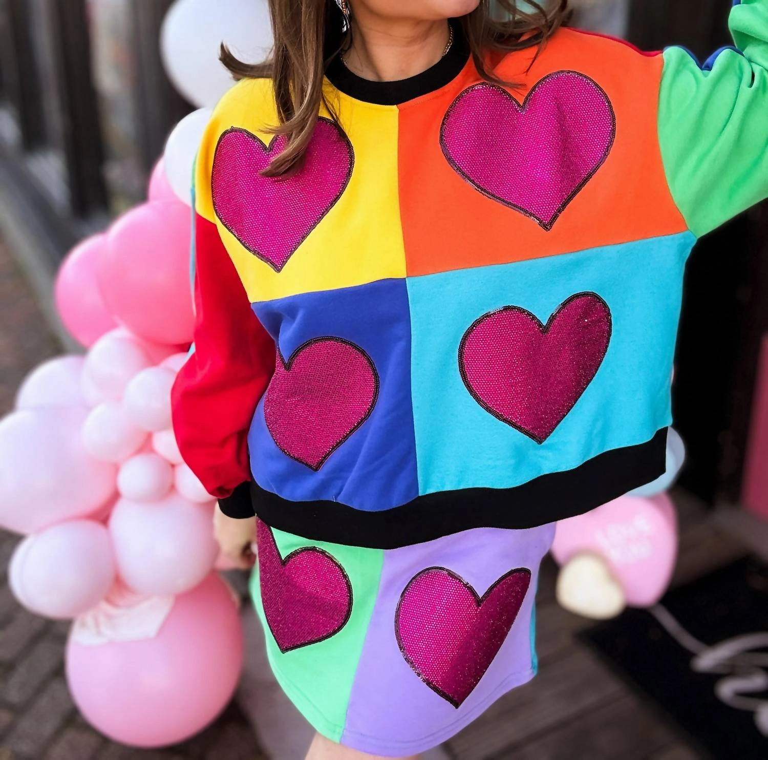Rainbow Colorblock Rhinestone Heart Sweatshirt In Multi