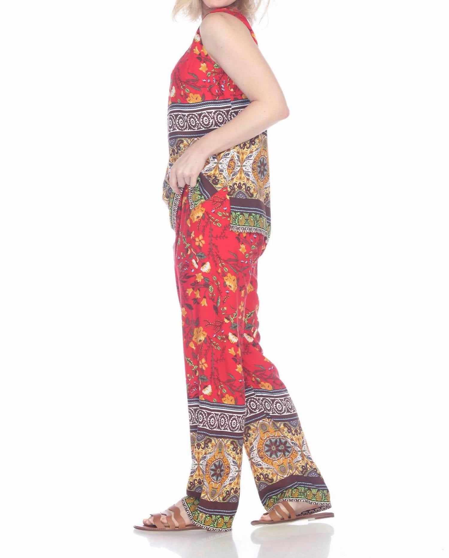 Rayon Border Print Scoop Neck Tank In Red