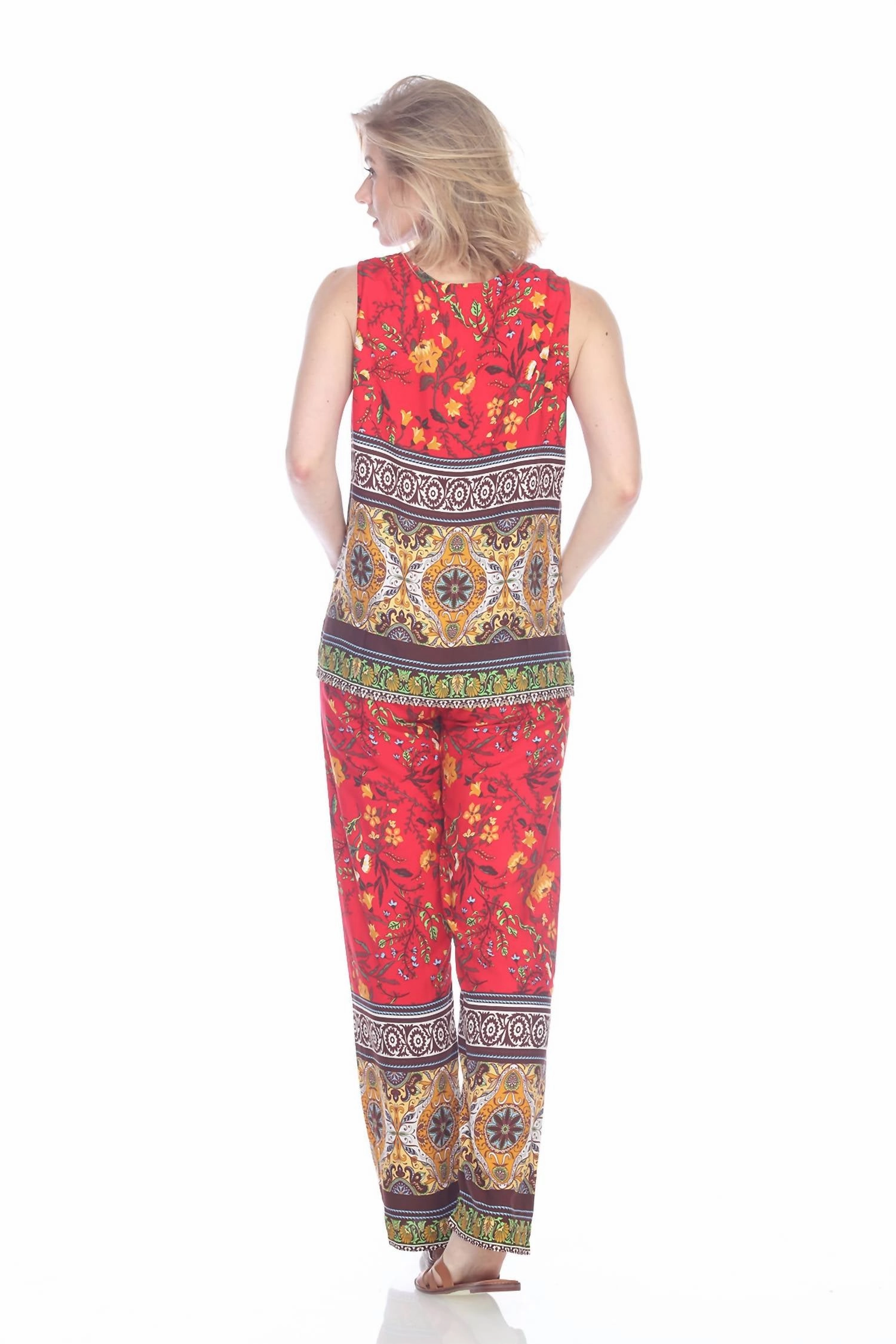 Rayon Border Print Scoop Neck Tank In Red