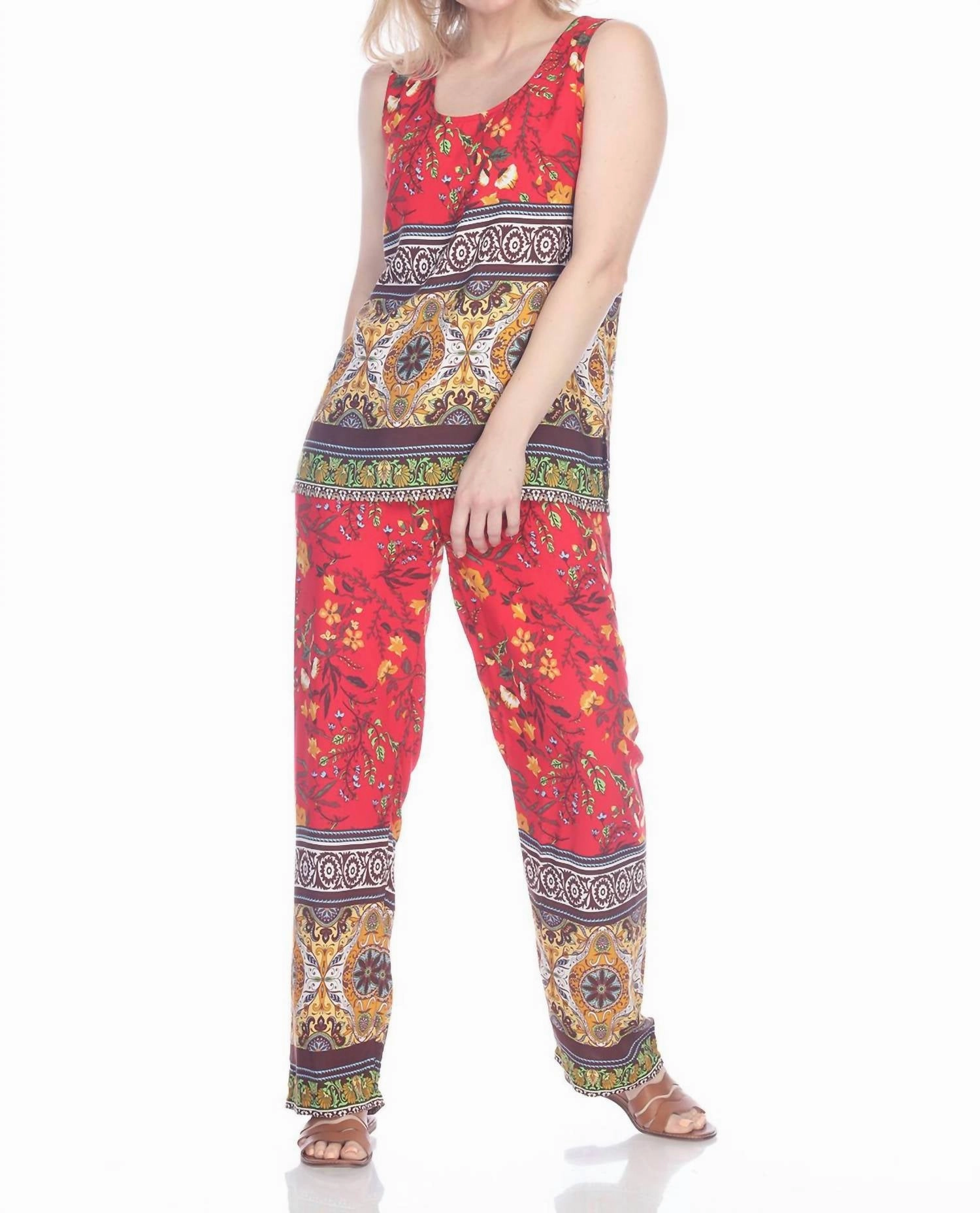 Rayon Border Print Scoop Neck Tank In Red