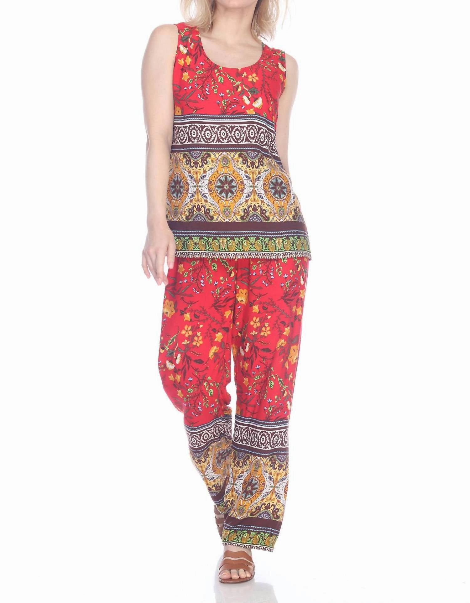 Rayon Border Print Scoop Neck Tank In Red