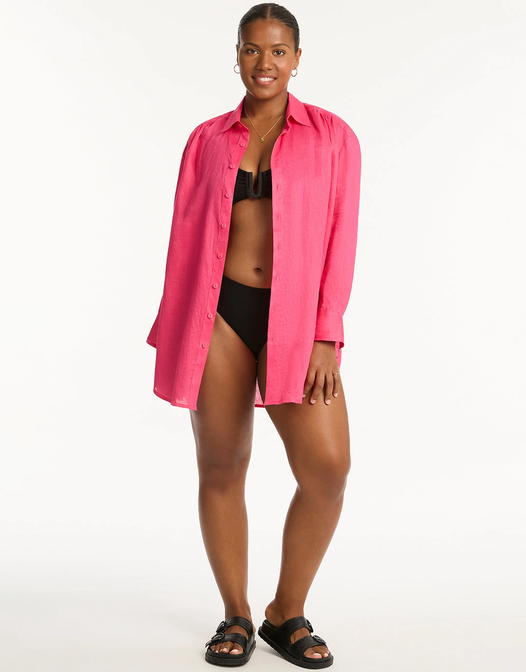 Resort Linen Beach Shirt - Hot Pink Sea Level - Sea Level swimwear clearance