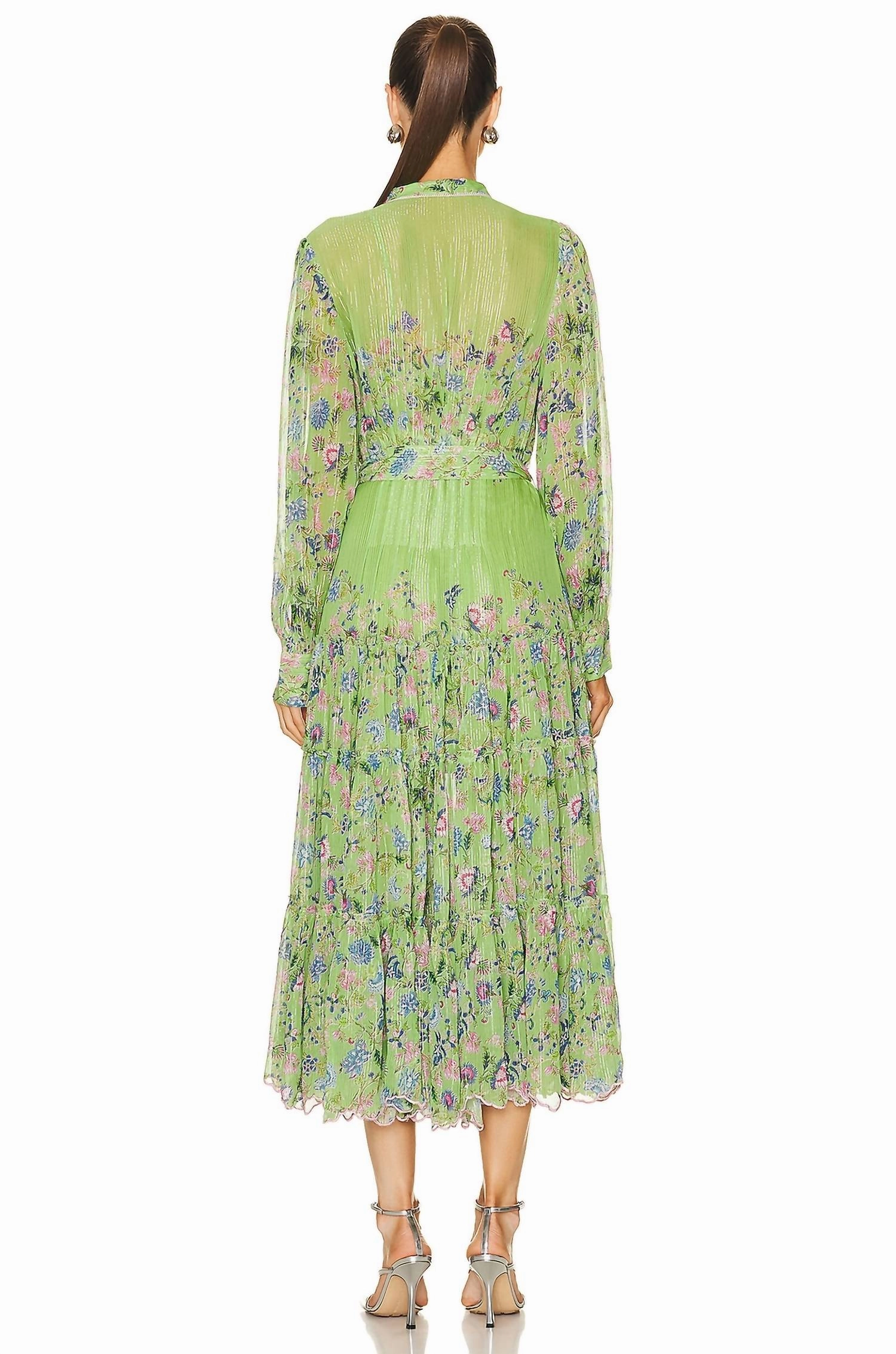 Rhea Midi Dress With Buckle Belt in Pear Green Floral