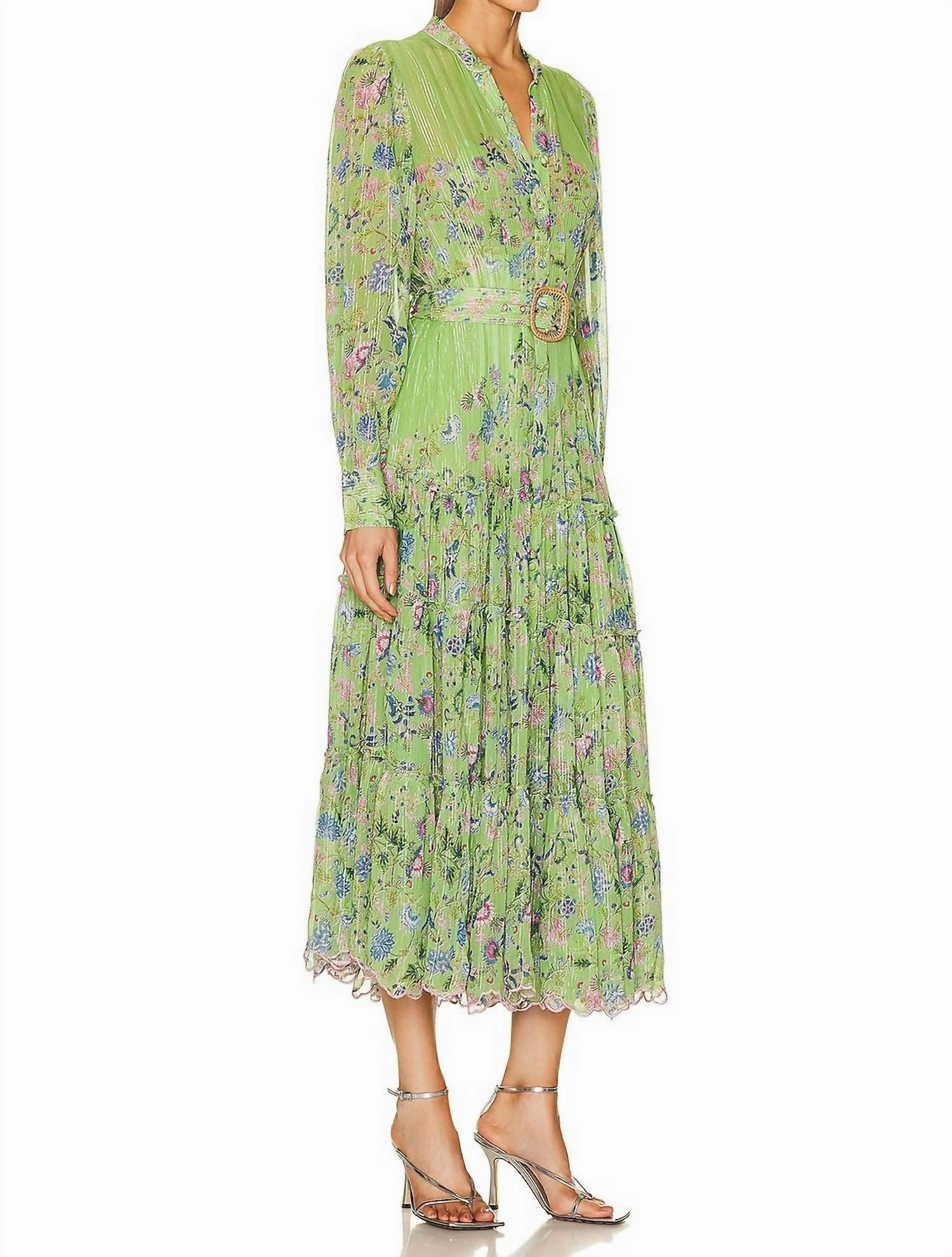 Rhea Midi Dress With Buckle Belt in Pear Green Floral