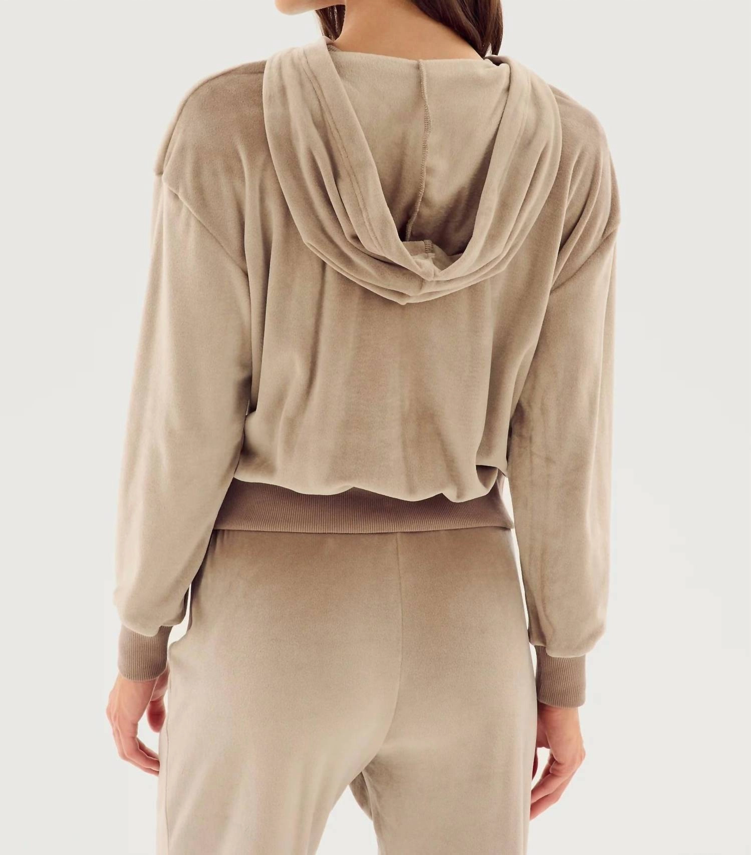 Rhys Velour Zip Up Hoodie In Latte