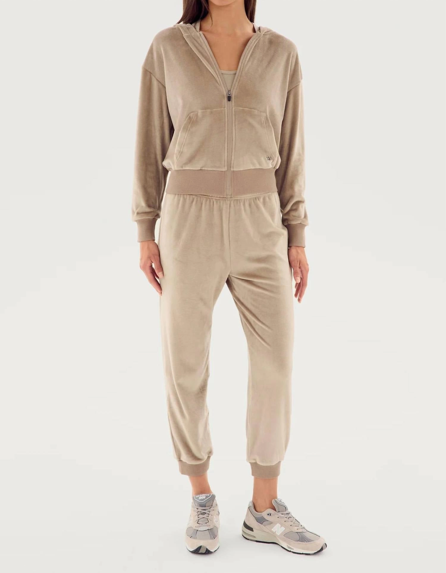 Rhys Velour Zip Up Hoodie In Latte