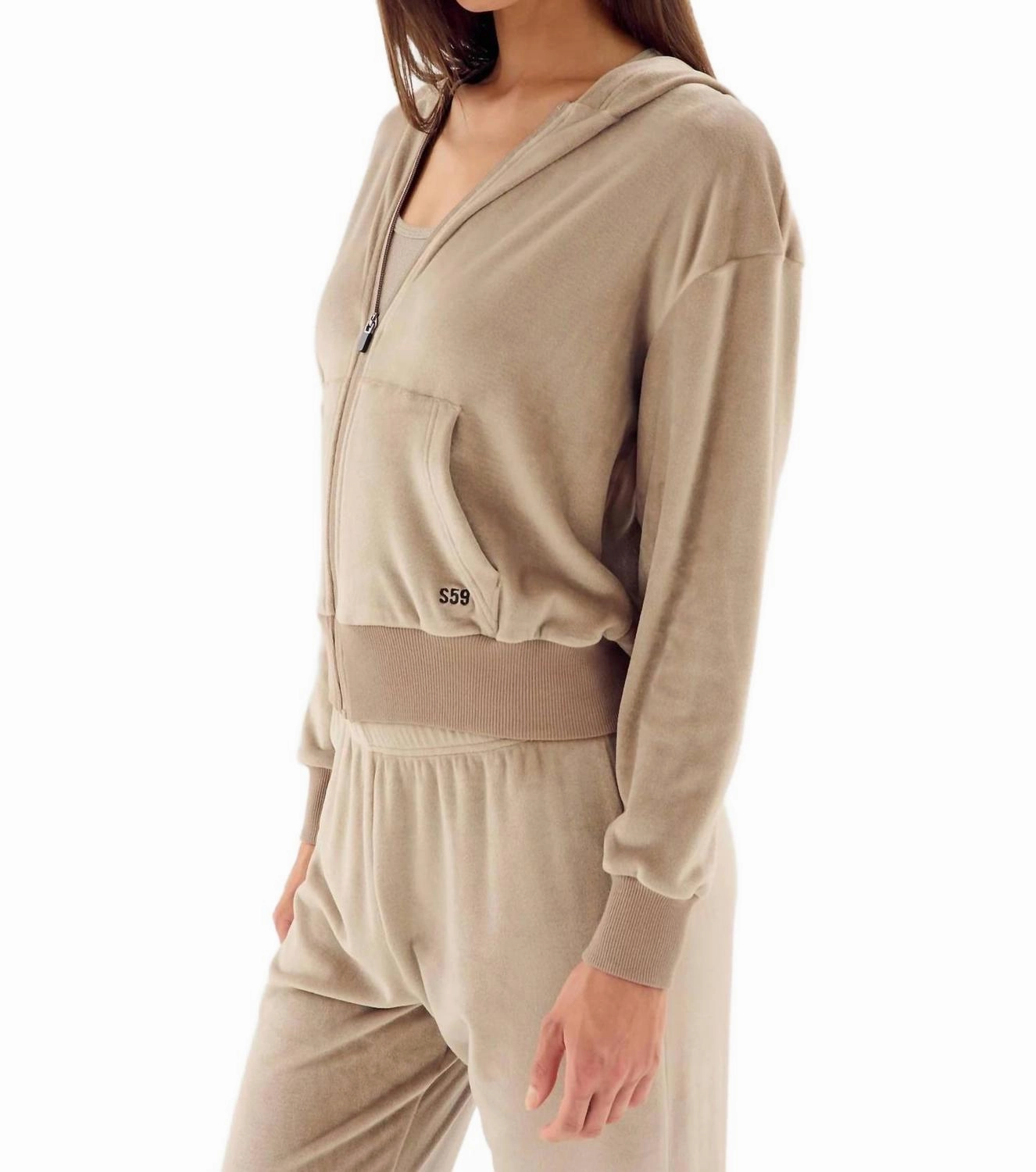 Rhys Velour Zip Up Hoodie In Latte