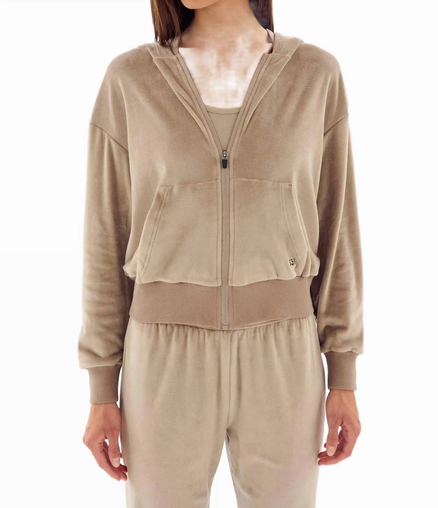 Rhys Velour Zip Up Hoodie In Latte