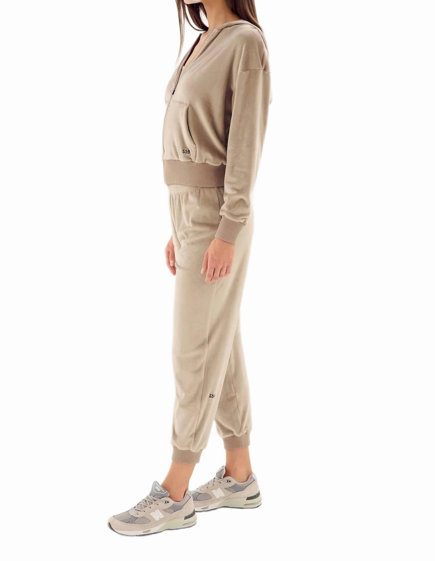 Rhys Velour Zip Up Hoodie In Latte