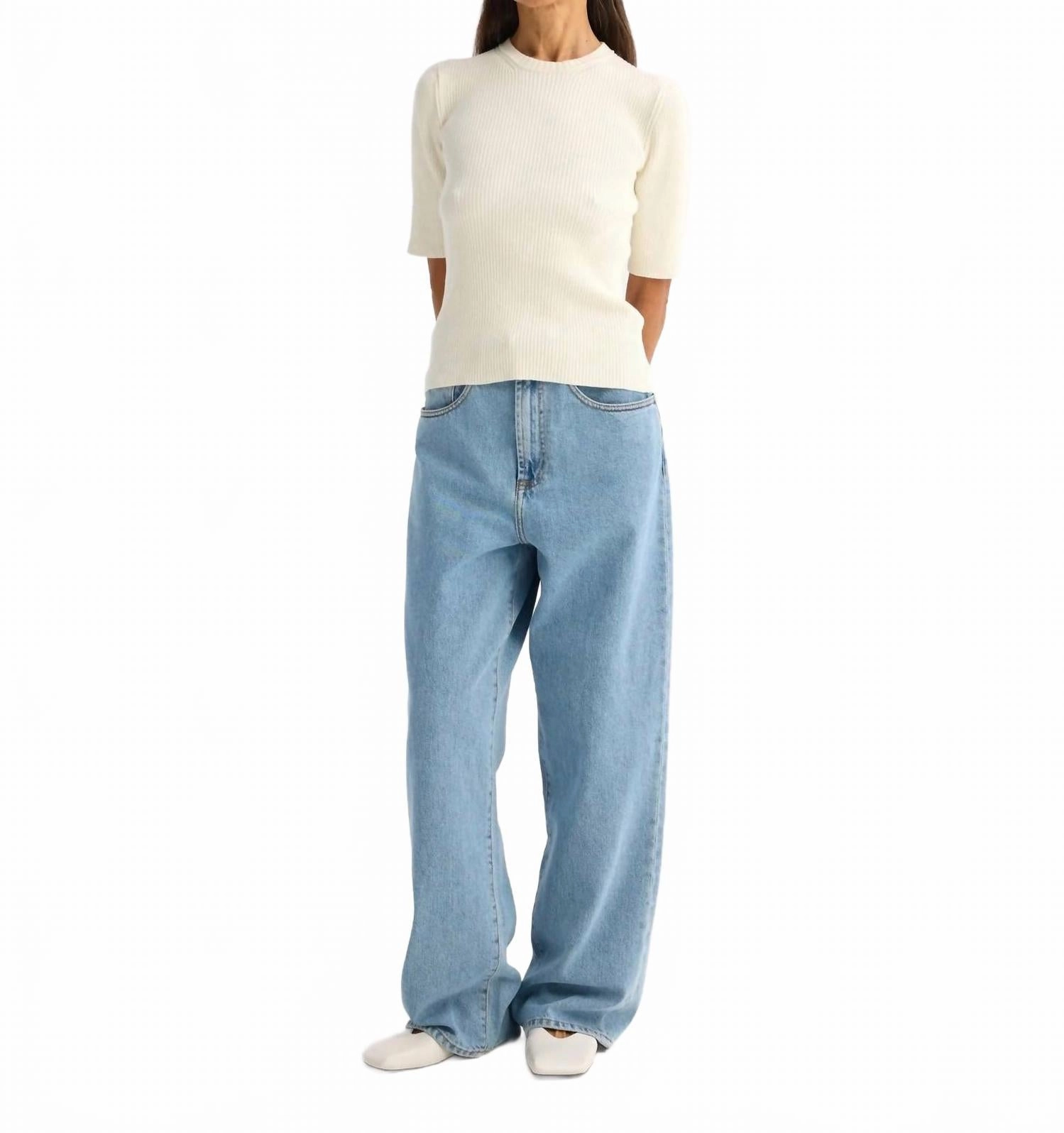 Ribbed Knit Round Neck Short Sleeve Top In Off White