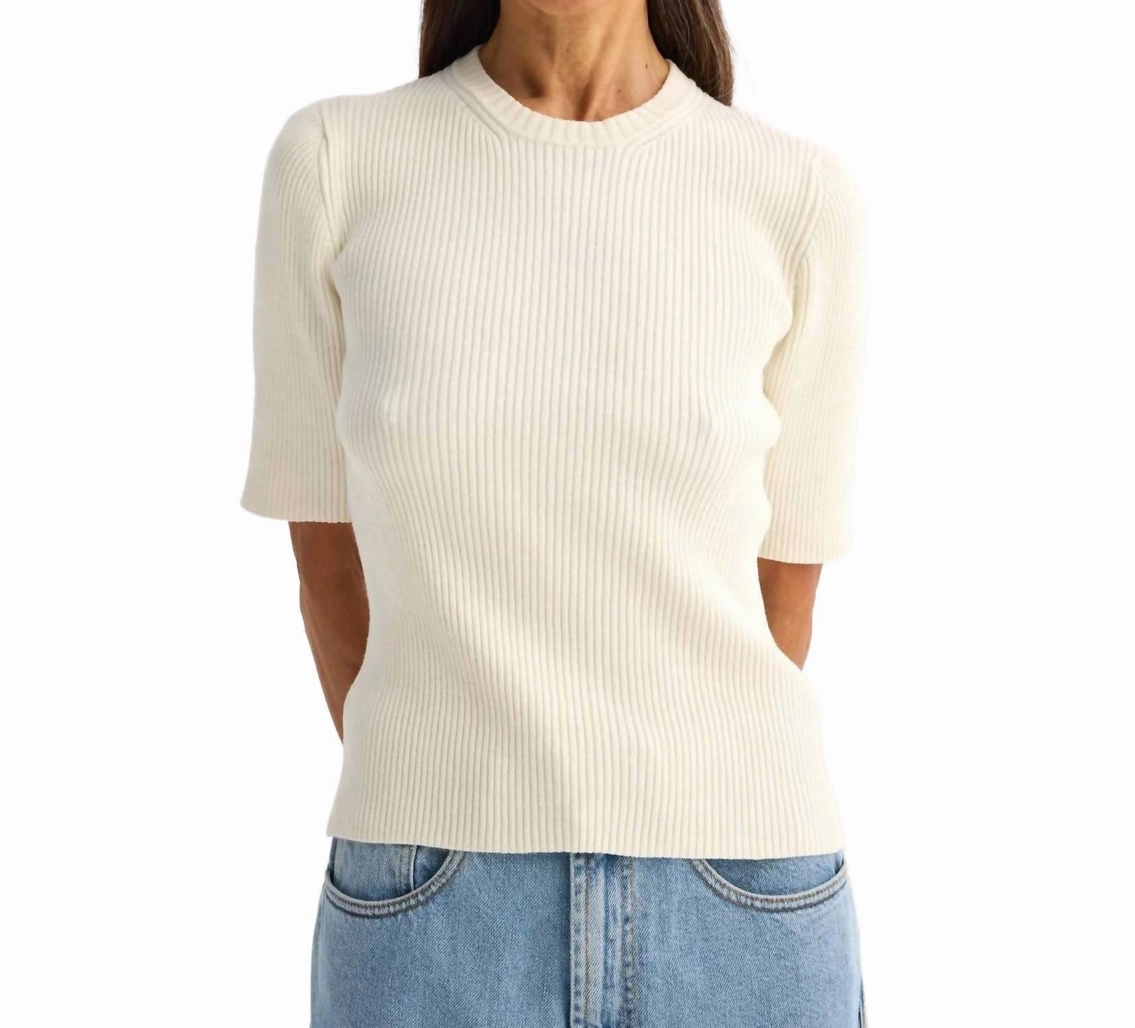 Ribbed Knit Round Neck Short Sleeve Top In Off White