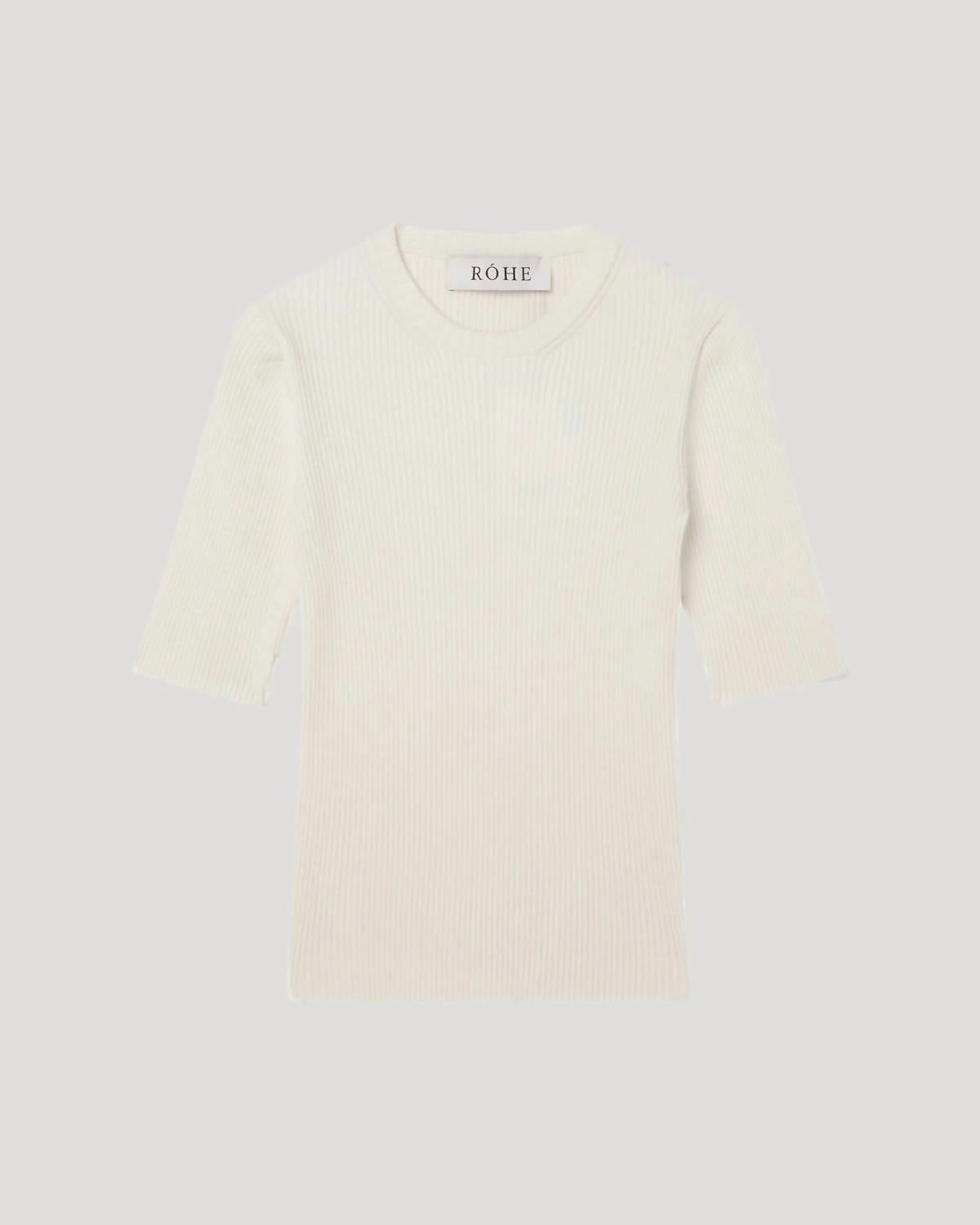 Ribbed Knit Round Neck Short Sleeve Top In Off White