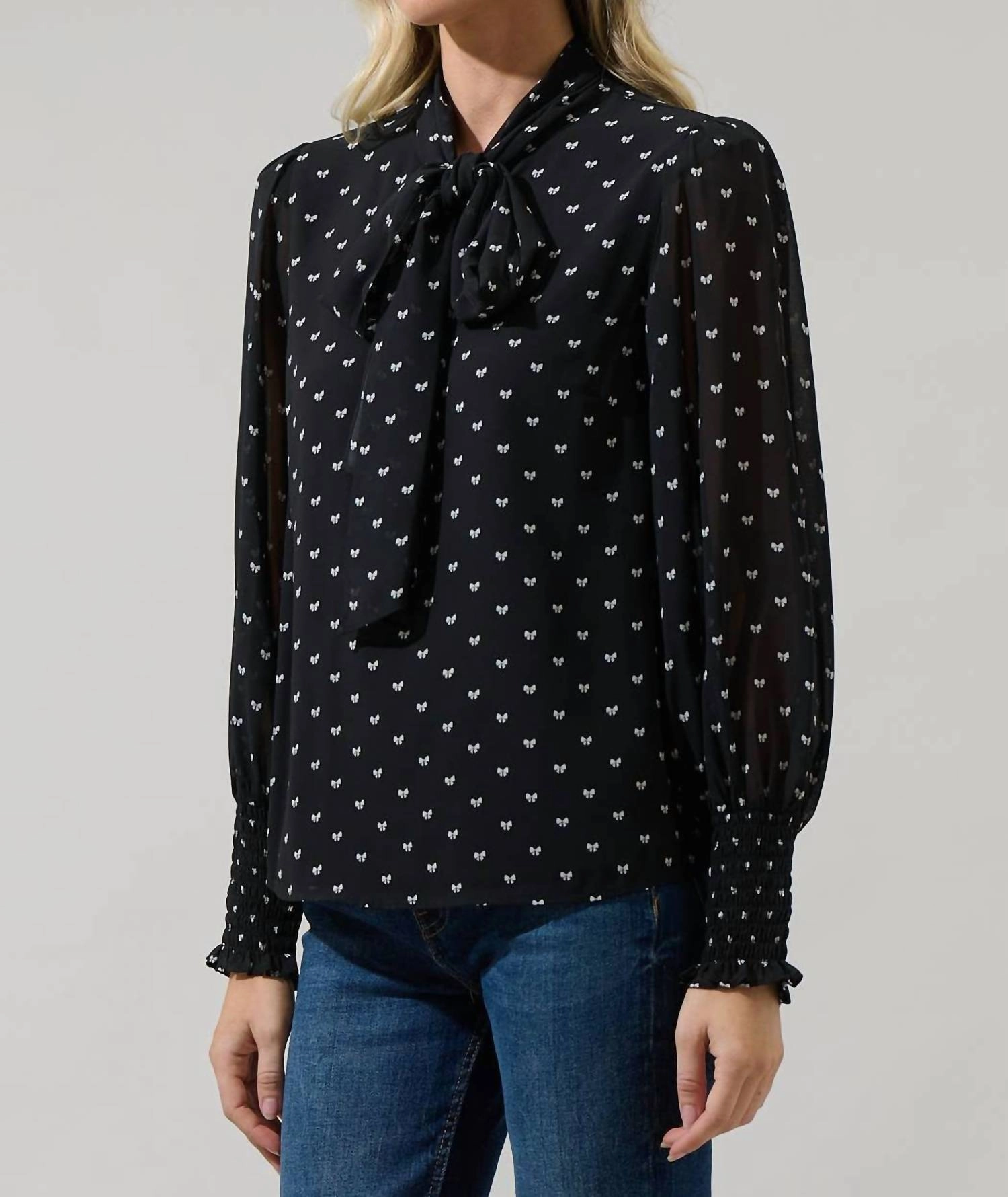 Rosaly Bow Etienne Tie Neck Long Sleeve Blouse In Black/white