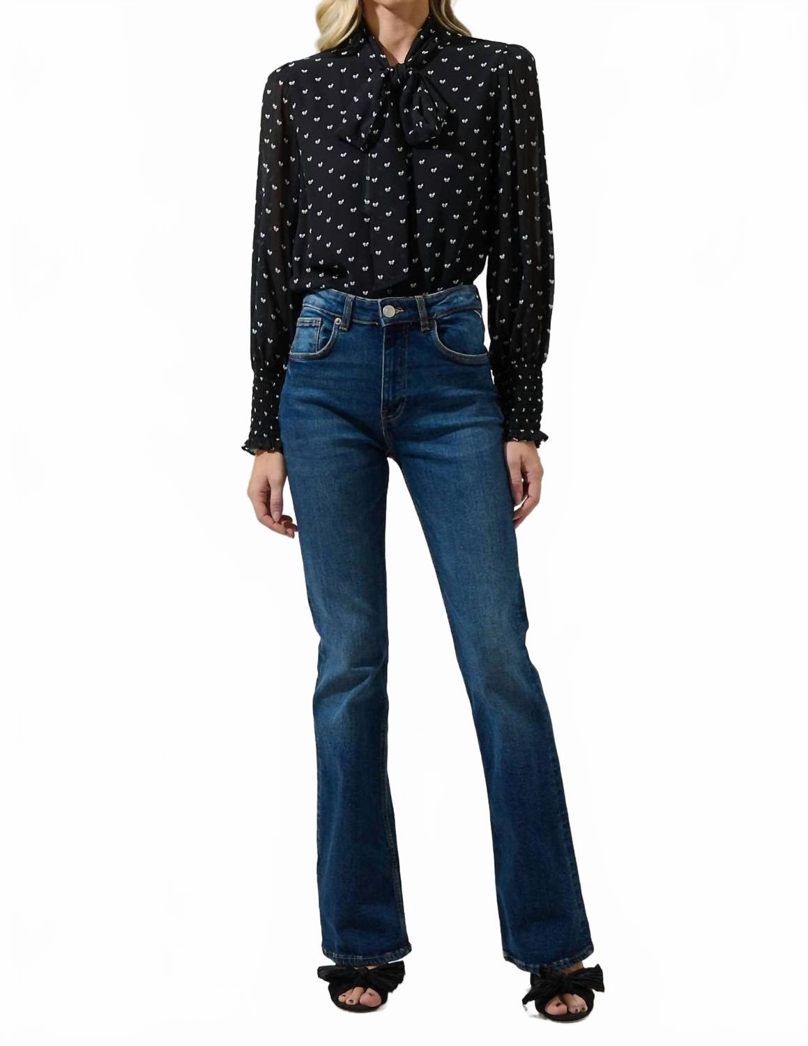 Rosaly Bow Etienne Tie Neck Long Sleeve Blouse In Black/white