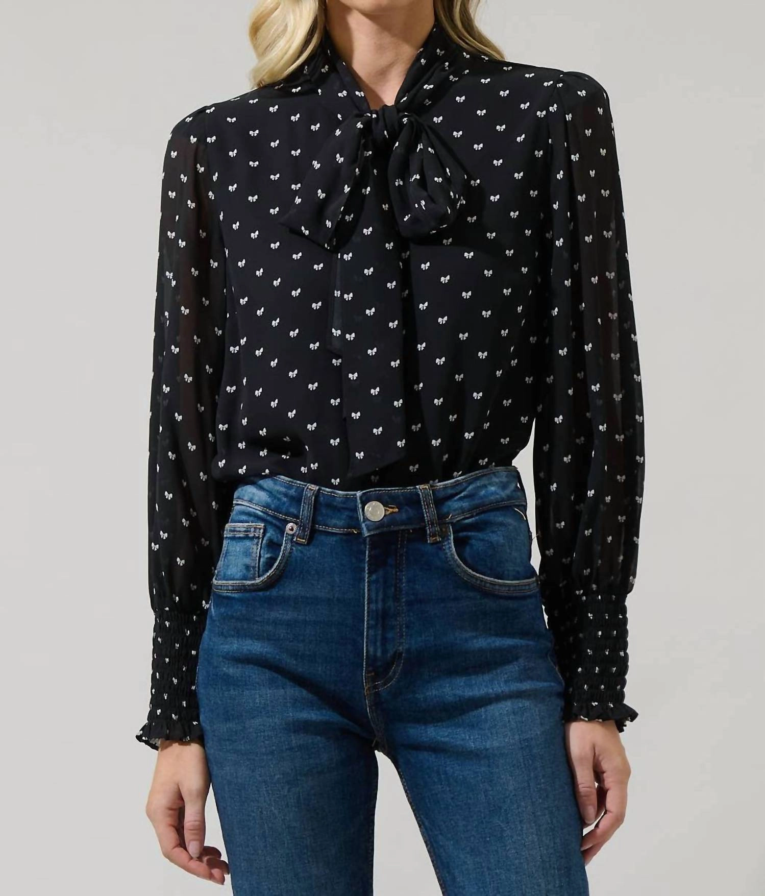 Rosaly Bow Etienne Tie Neck Long Sleeve Blouse In Black/white