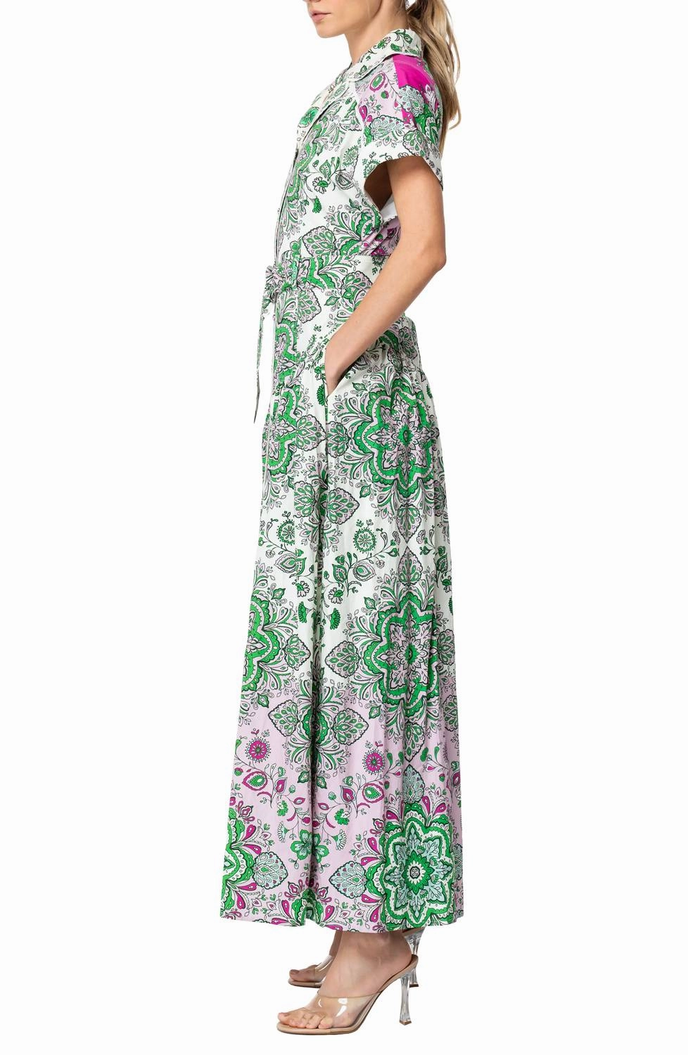 Rosalyn Engineered Floral Printed Midi Shirt Dress In Green Multi