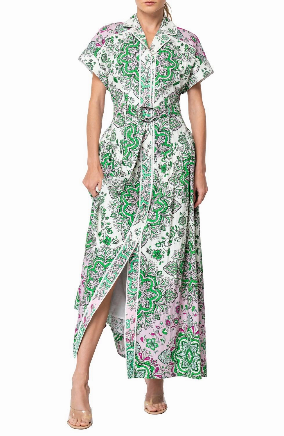 Rosalyn Engineered Floral Printed Midi Shirt Dress In Green Multi