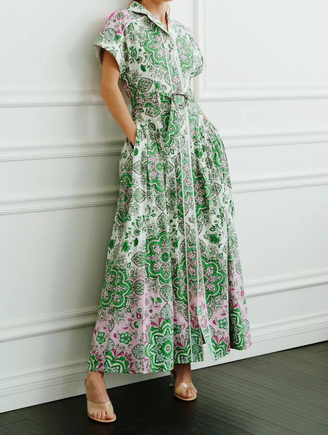 Rosalyn Engineered Floral Printed Midi Shirt Dress In Green Multi