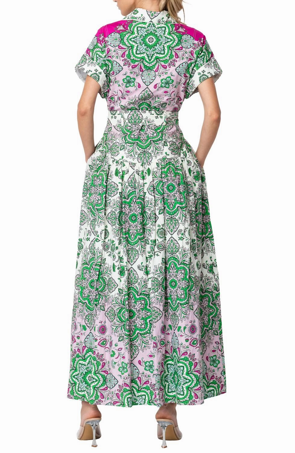 Rosalyn Engineered Floral Printed Midi Shirt Dress In Green Multi