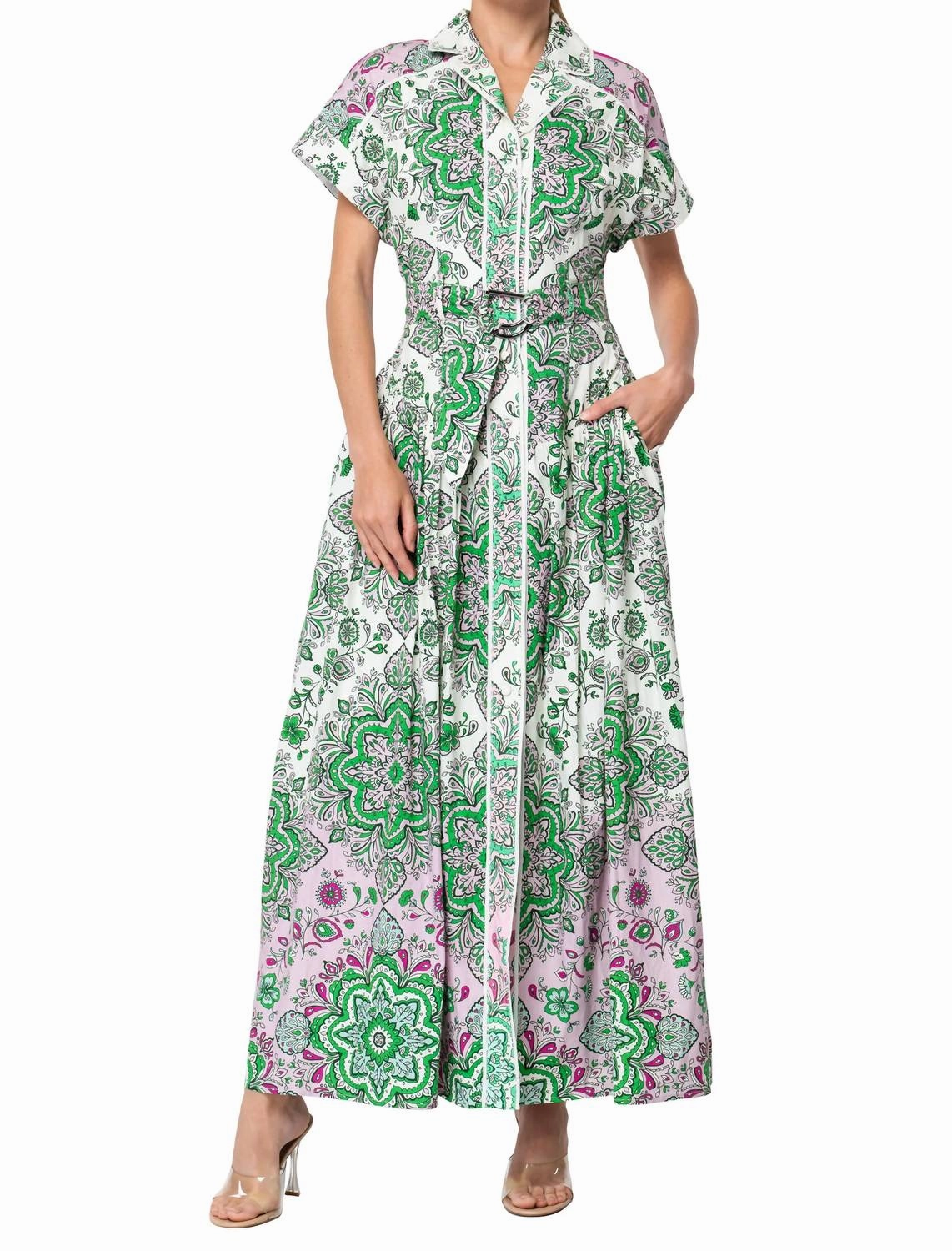 Rosalyn Engineered Floral Printed Midi Shirt Dress In Green Multi
