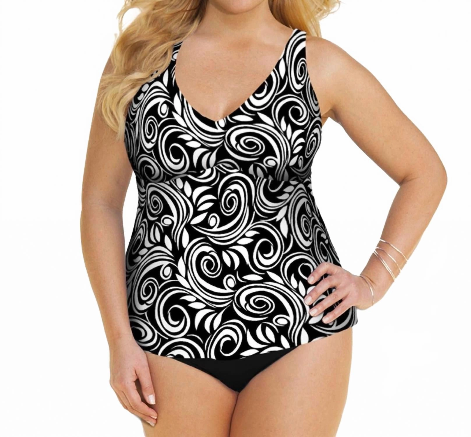 Ruched A-Line Tankini Top - Plus In Afm White Scroll Swim Womens - plunge bikinis sale