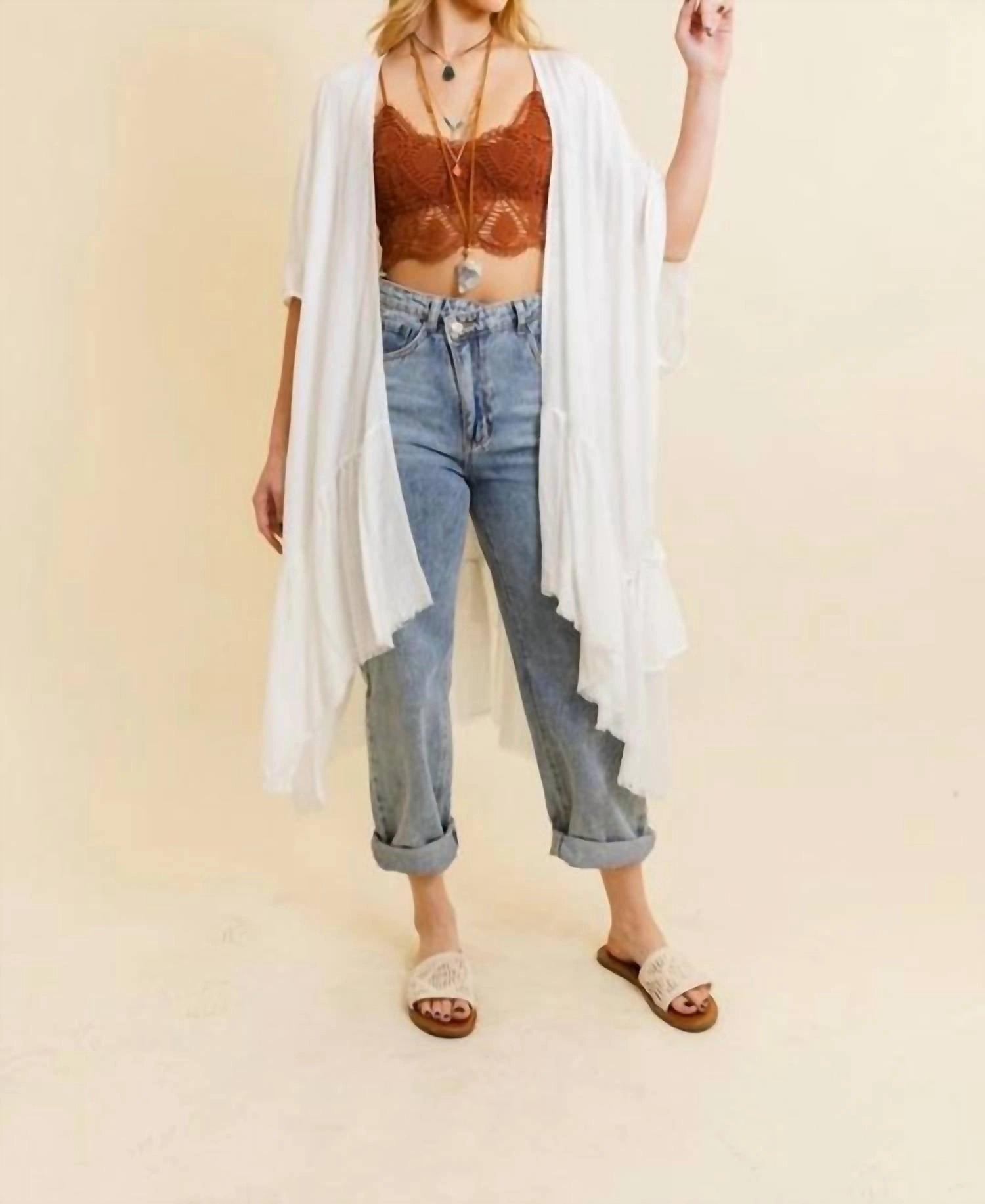 Ruffle Edge Bohemian Lightweight Flowing Kimono Wrap Cover Up In Ivory Swim Womens - ruffle swimwear best price