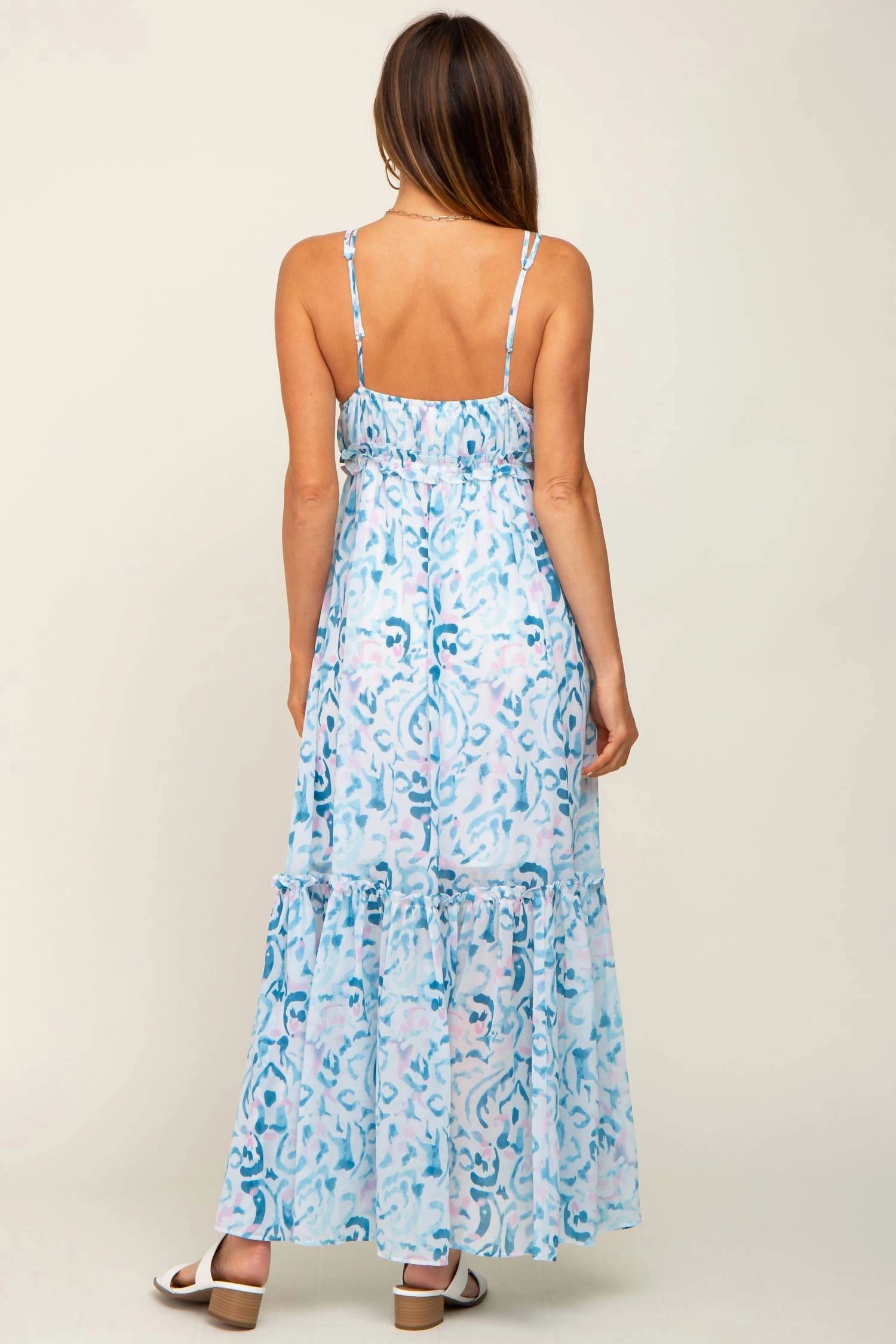 Ruffled Floral Maxi Dress In Blue