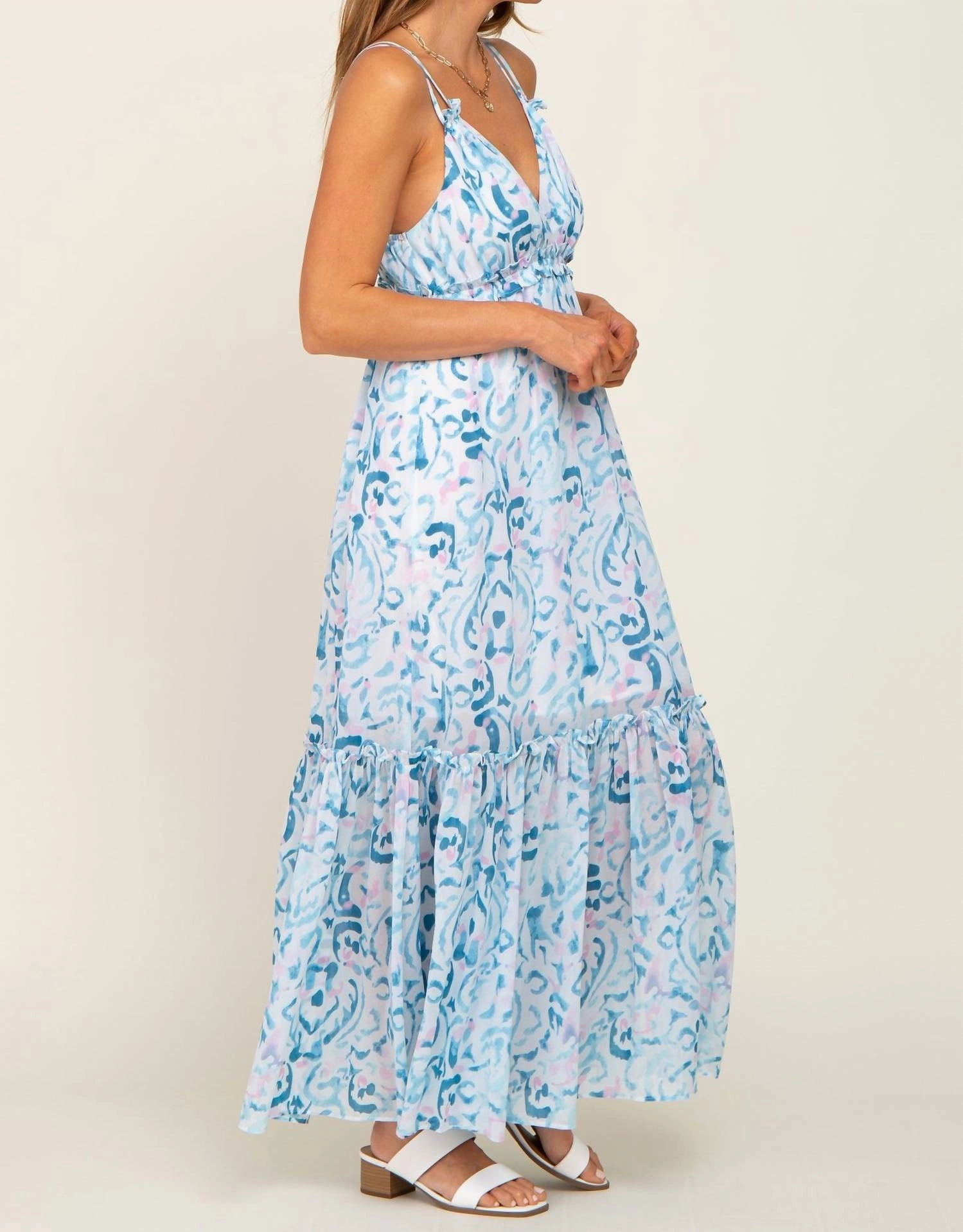 Ruffled Floral Maxi Dress In Blue