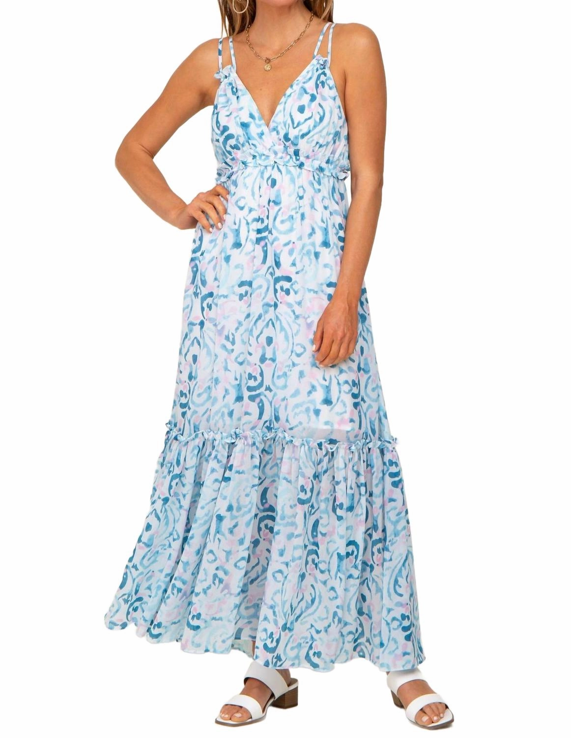 Ruffled Floral Maxi Dress In Blue