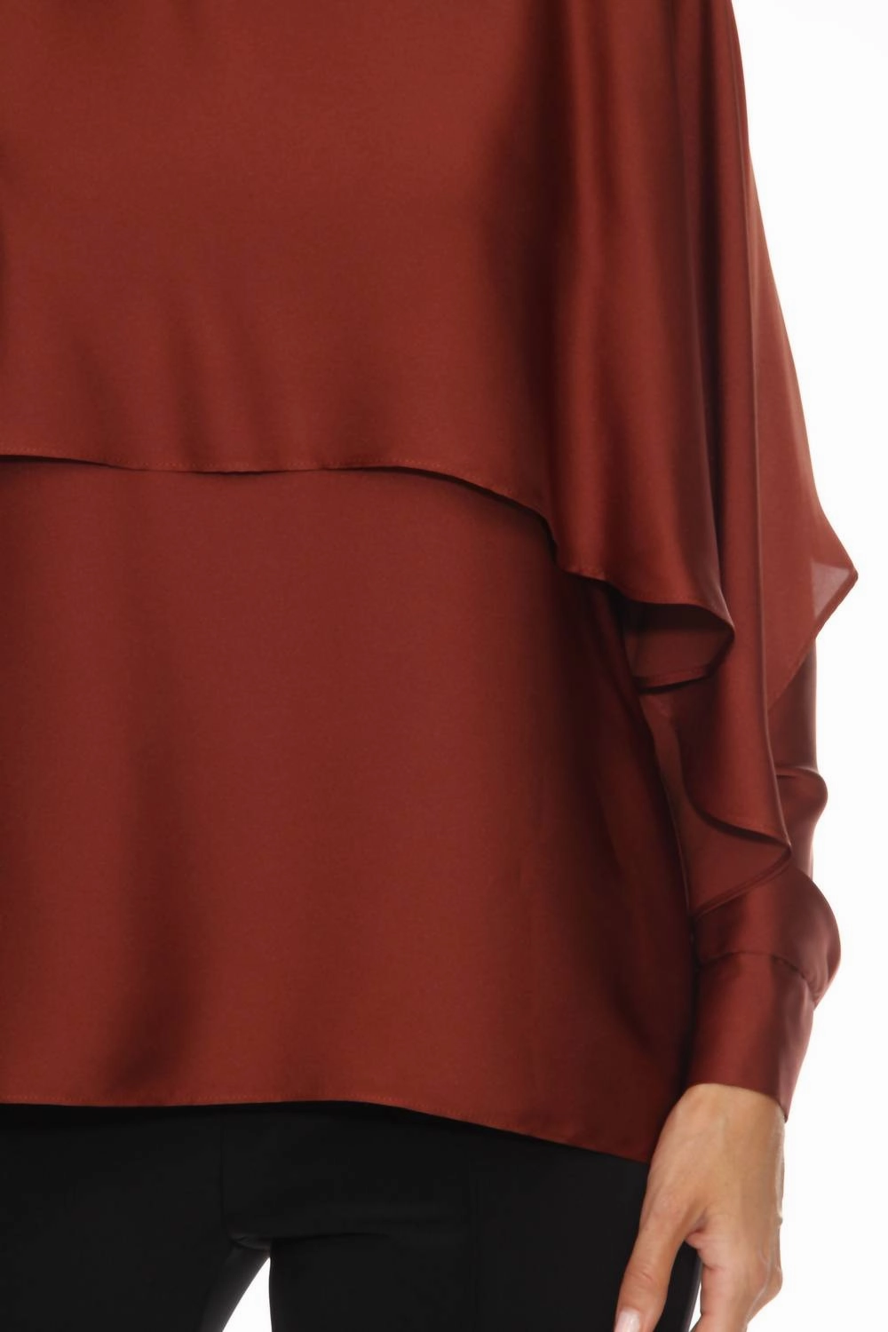 Ruffled Layer Dolman Sleeve Satin Blouse In Cinnamon