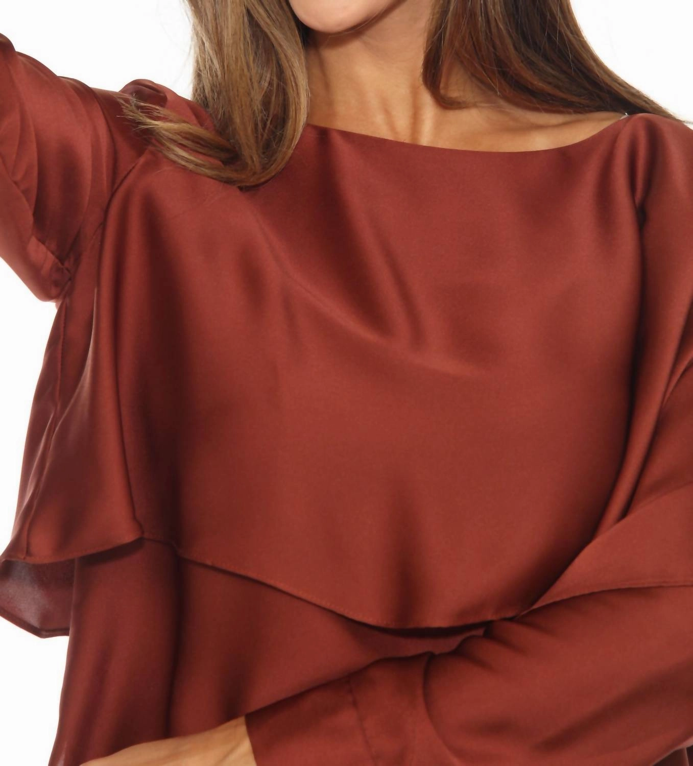 Ruffled Layer Dolman Sleeve Satin Blouse In Cinnamon