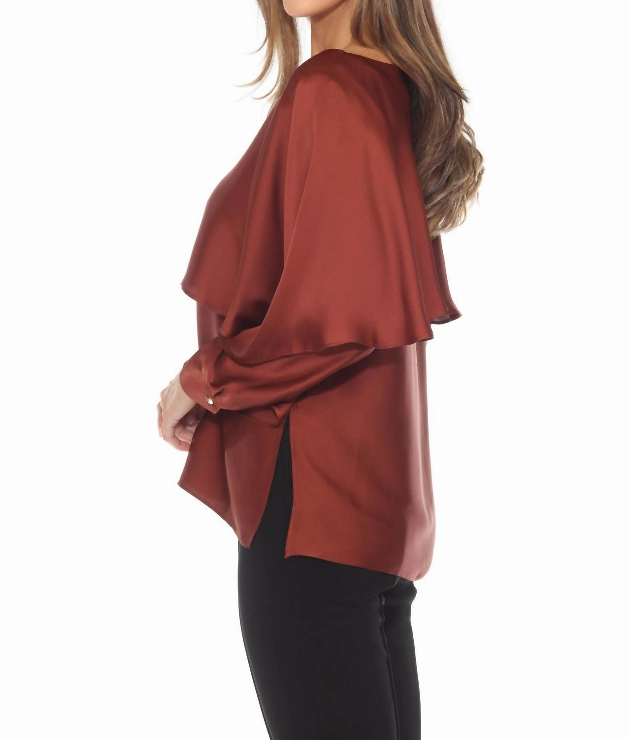 Ruffled Layer Dolman Sleeve Satin Blouse In Cinnamon