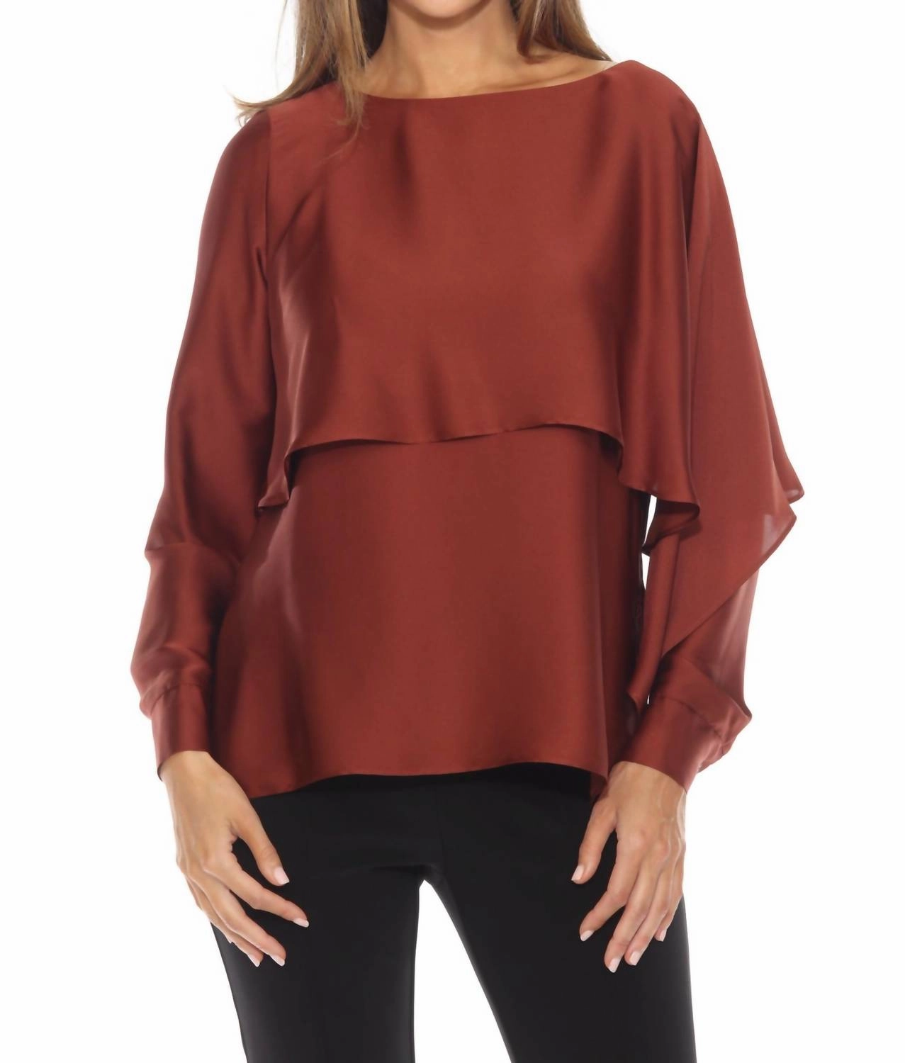 Ruffled Layer Dolman Sleeve Satin Blouse In Cinnamon