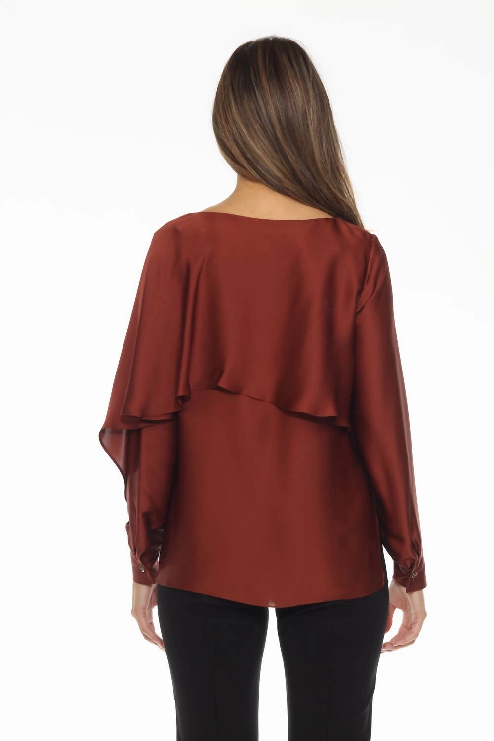 Ruffled Layer Dolman Sleeve Satin Blouse In Cinnamon