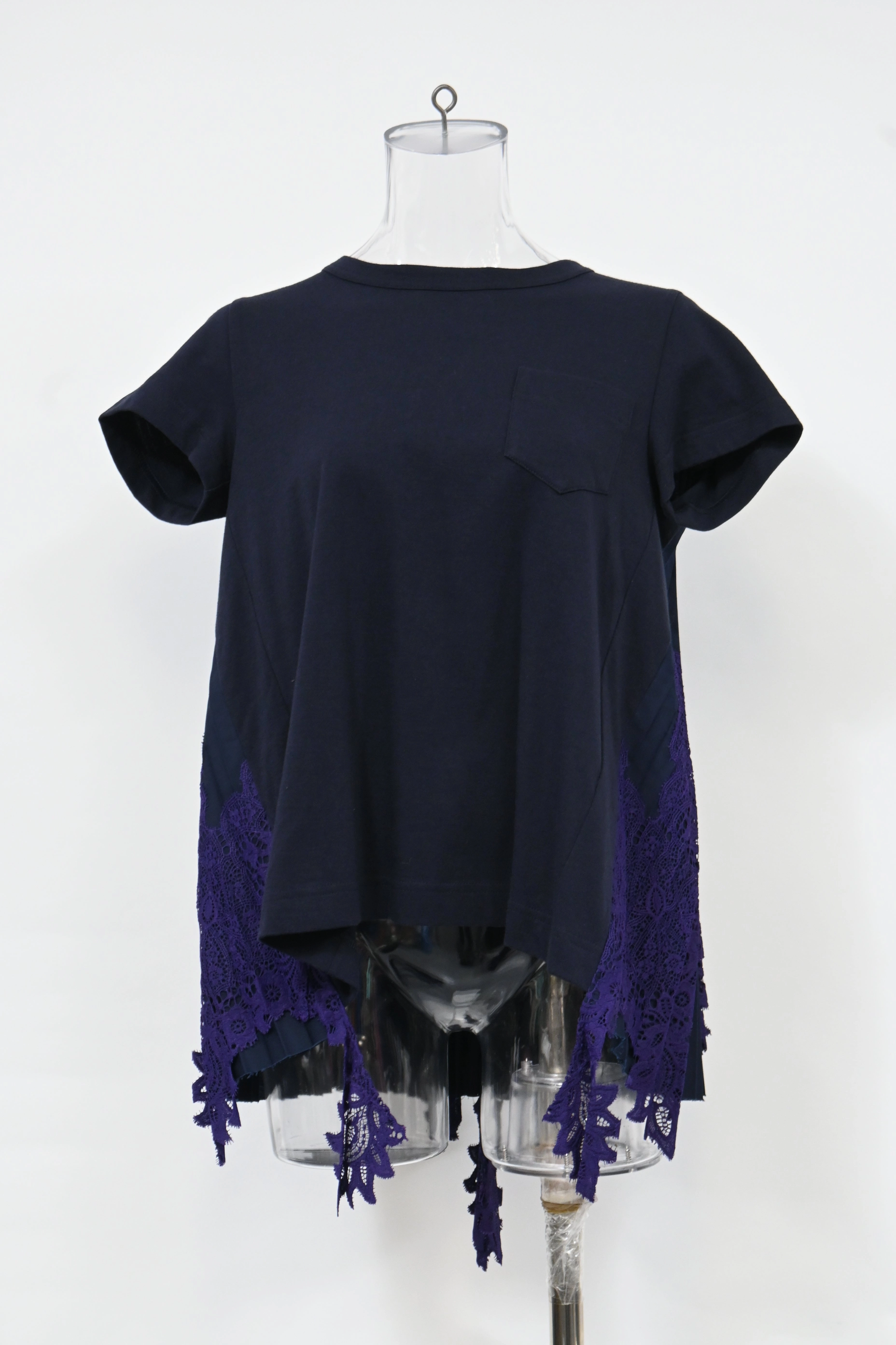 Sacai Draped Lace Inserts T-shirt In Navy Cotton