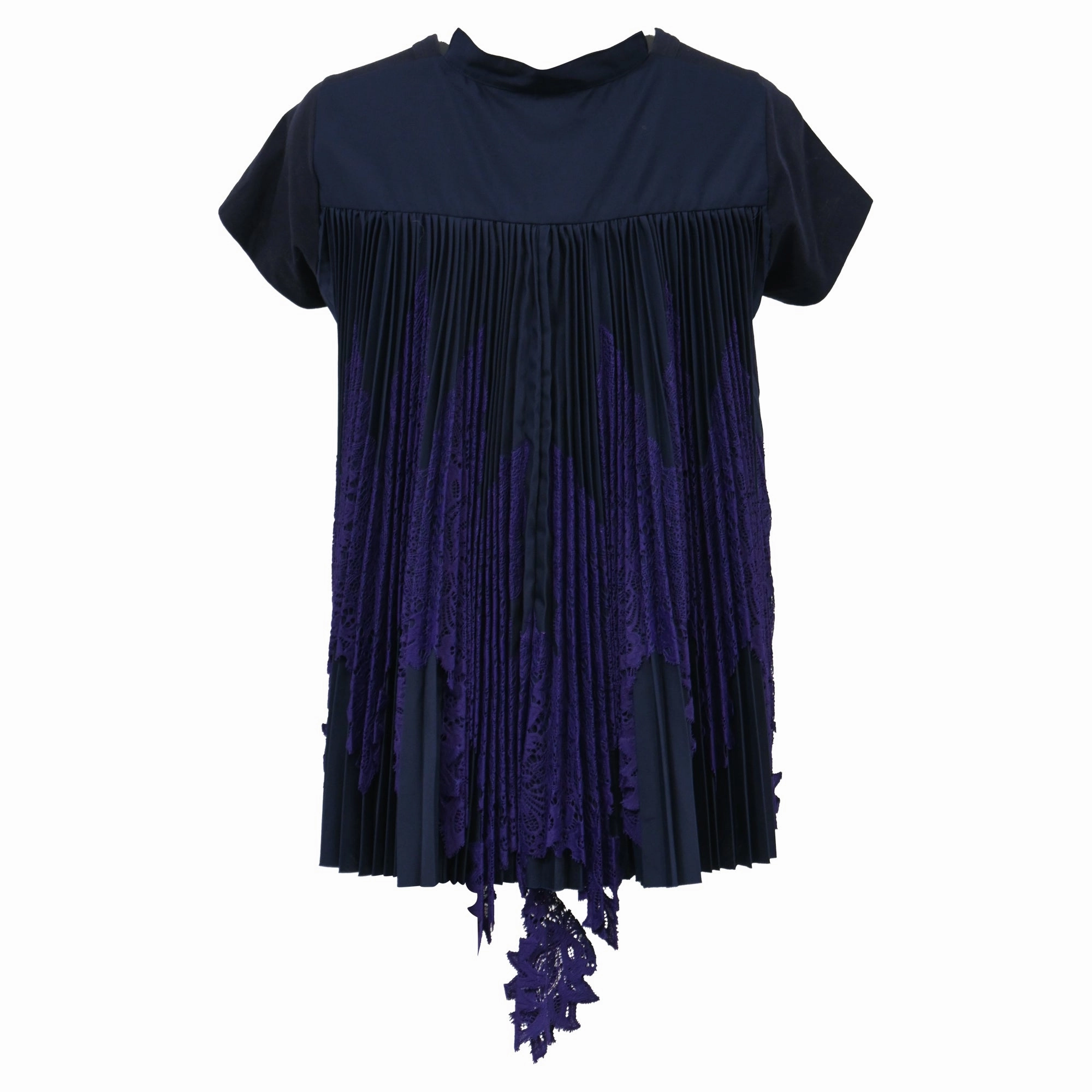 Sacai Draped Lace Inserts T-shirt In Navy Cotton