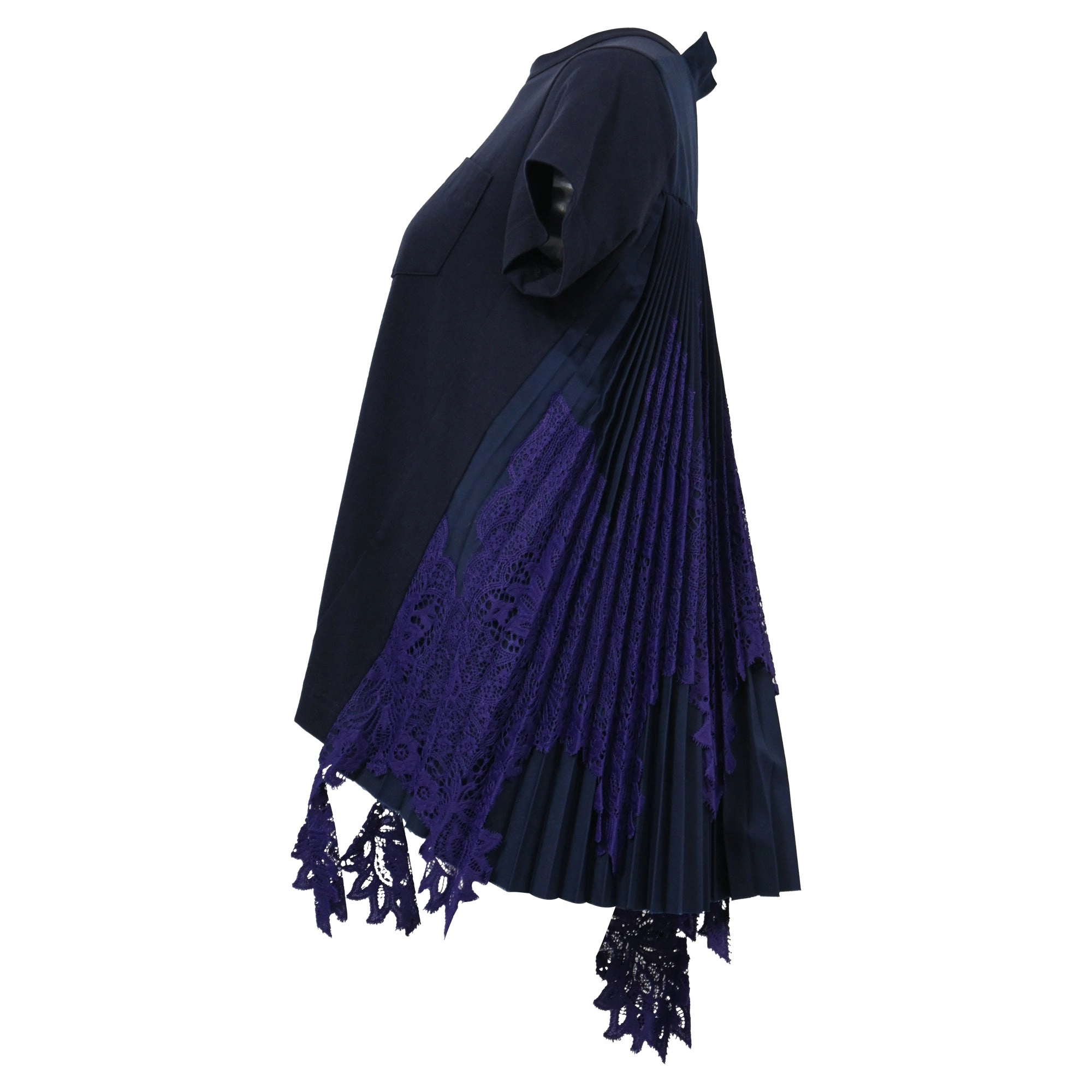 Sacai Draped Lace Inserts T-shirt In Navy Cotton